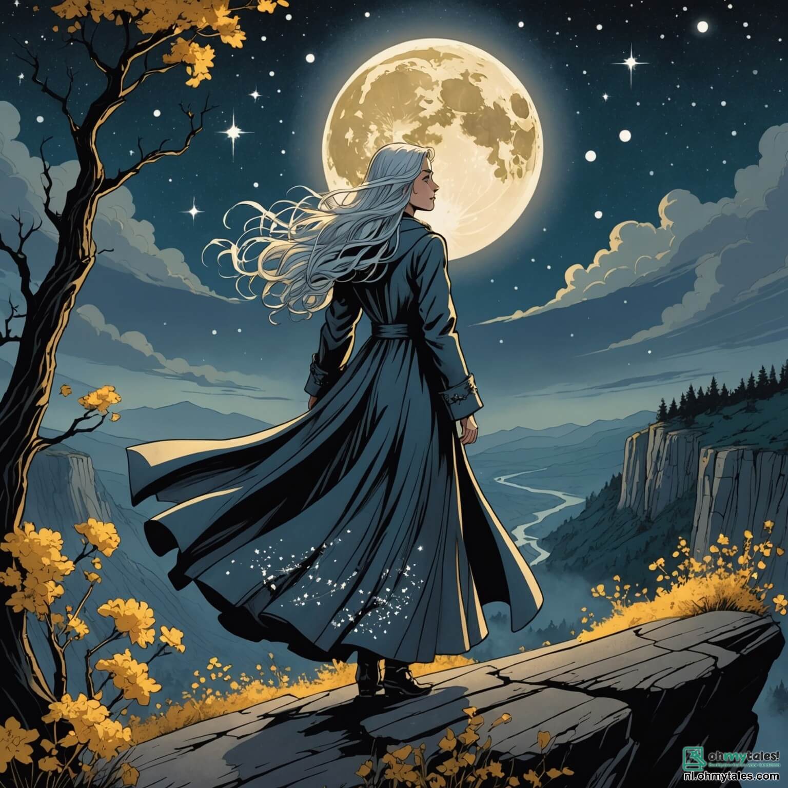 Une illustration destinée aux enfants représentant une femme au long manteau d'étoiles scintillantes, dont les cheveux flottent comme des filaments d'argent dans le vent, se tenant courageusement au bord d'une falaise surplombant une vallée enchantée où des arbres aux troncs dorés et des fleurs luminescentes dansent sous la lumière d'une lune géante, alors qu'elle se prépare à affronter une ombre menaçante, la redoutable schaduwkoningin, avec à ses côtés un majestueux loup noir aux yeux étoilés, et entourée de doux esprits de la forêt, tous veillant sur elle dans ce monde mystique où la magie et la nature s'entrelacent.