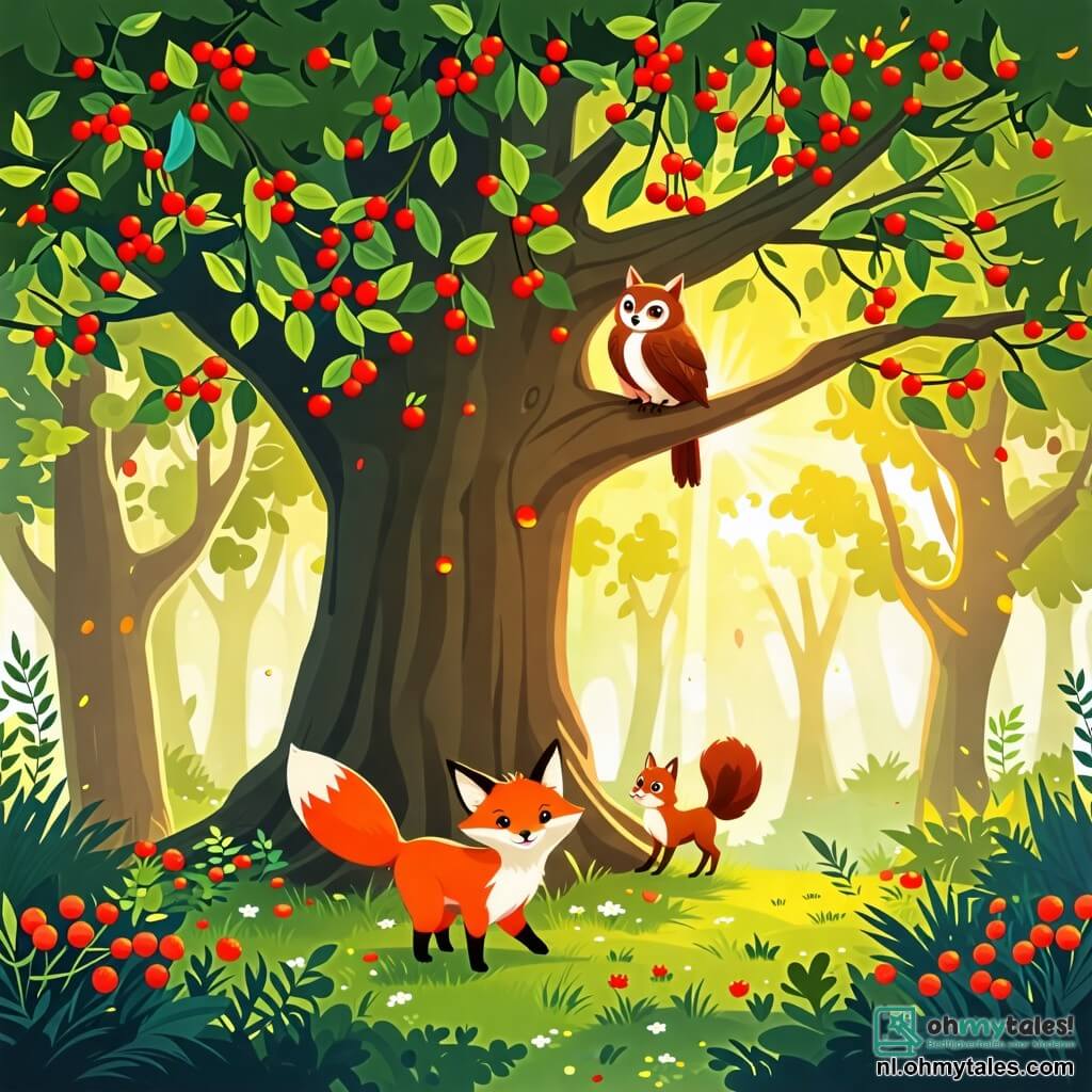 Illustratie van een betoverende scène in een heldere bos, waar grote bomen met stevige stammen naar de lucht oprijzen, hun bladeren in een stralend groen filteren het zonlicht in zachte gouden stralen. In het midden van de afbeelding springt een voss met een vurig vacht, zijn ogen sprankelend van nieuwsgierigheid, vrolijk rond een enorme boom met takken vol sappige en kleurrijke bessen. Naast hem klimt een klein bruin eekhoorntje, met een pluizige staart, behendig op de stam, terwijl een wijze uil met crèmekleurige veren op een tak zit en de scène met een vriendelijke glimlach observeert. De hoofdscène toont de vos en zijn vrienden die bessen verzamelen, lachend en spelend, terwijl kleurrijke bloemen de grond bedekken en vlinders om hen heen dansen, wat een vleugje magie toevoegt aan dit vrolijke avontuur.