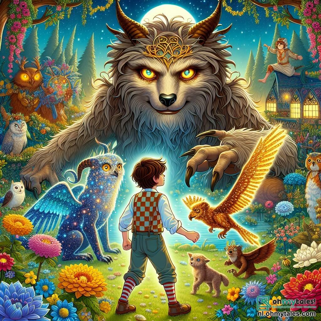 Une illustration sous forme de dessin destinée aux enfants représentant une magnifique et colorée jardin magique, rempli de fleurs éclatantes et d'arbres majestueux, où un jeune garçon aux cheveux bruns et aux yeux pétillants, vêtu d'une chemise à carreaux et d'un pantalon en toile, se tient courageusement devant un grand gardien poilu avec des yeux brillants, qui le défie avec un regard sérieux, tandis qu'autour d'eux, des créatures fantastiques comme des elfes aux ailes scintillantes et un sage hibou observent la scène, alors que le garçon se prépare à relever un défi pour protéger la magie de la jardin.