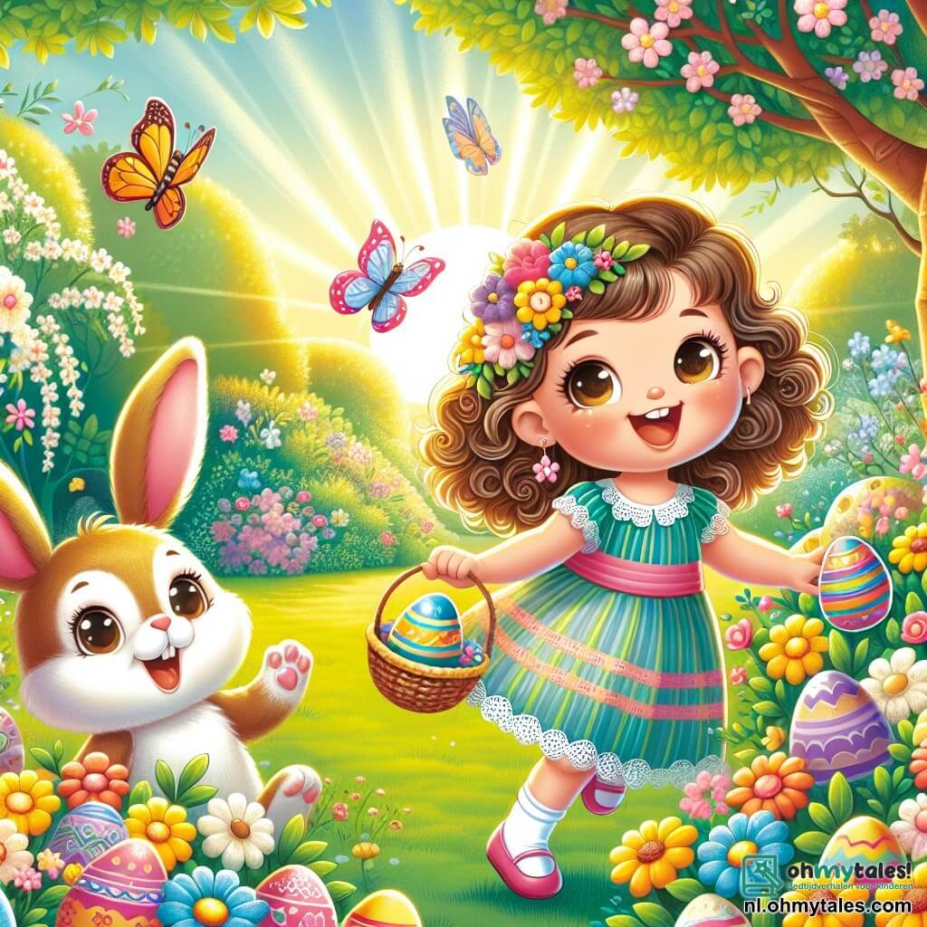 Une illustration sous forme de dessin destinée aux enfants représentant un jardin en fleurs, baigné de lumière printanière, où une petite fille de 3 ans aux cheveux bouclés et aux yeux pétillants, vêtue d'une robe colorée, cherche des œufs de Pâques cachés parmi les fleurs, tandis qu'un adorable petit lapin aux grandes oreilles et une jolie petite fille aux ailes de papillon l'observent avec des sourires émerveillés, créant une atmosphère joyeuse et magique de célébration de Pâques.