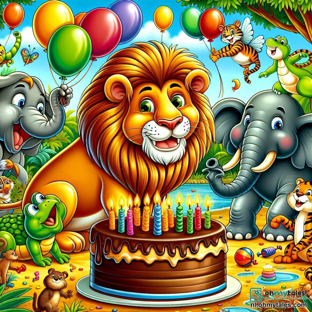 Une illustration sous forme de dessin destinée aux enfants représentant une jungle vibrante et colorée, où un lion aux magnifiques crins dorés, souriant et joyeux, se tient au centre, entouré d'une éléphante aux grandes oreilles en train de gonfler des ballons et d'un tigre aux rayures orange vif qui prépare une énorme gâteau au chocolat, tandis que d'autres animaux comme une grenouille verte sautillante et une tortue curieuse dansent joyeusement autour d'eux, illustrant une scène de fête d'anniversaire pleine de rires et d'amitié.