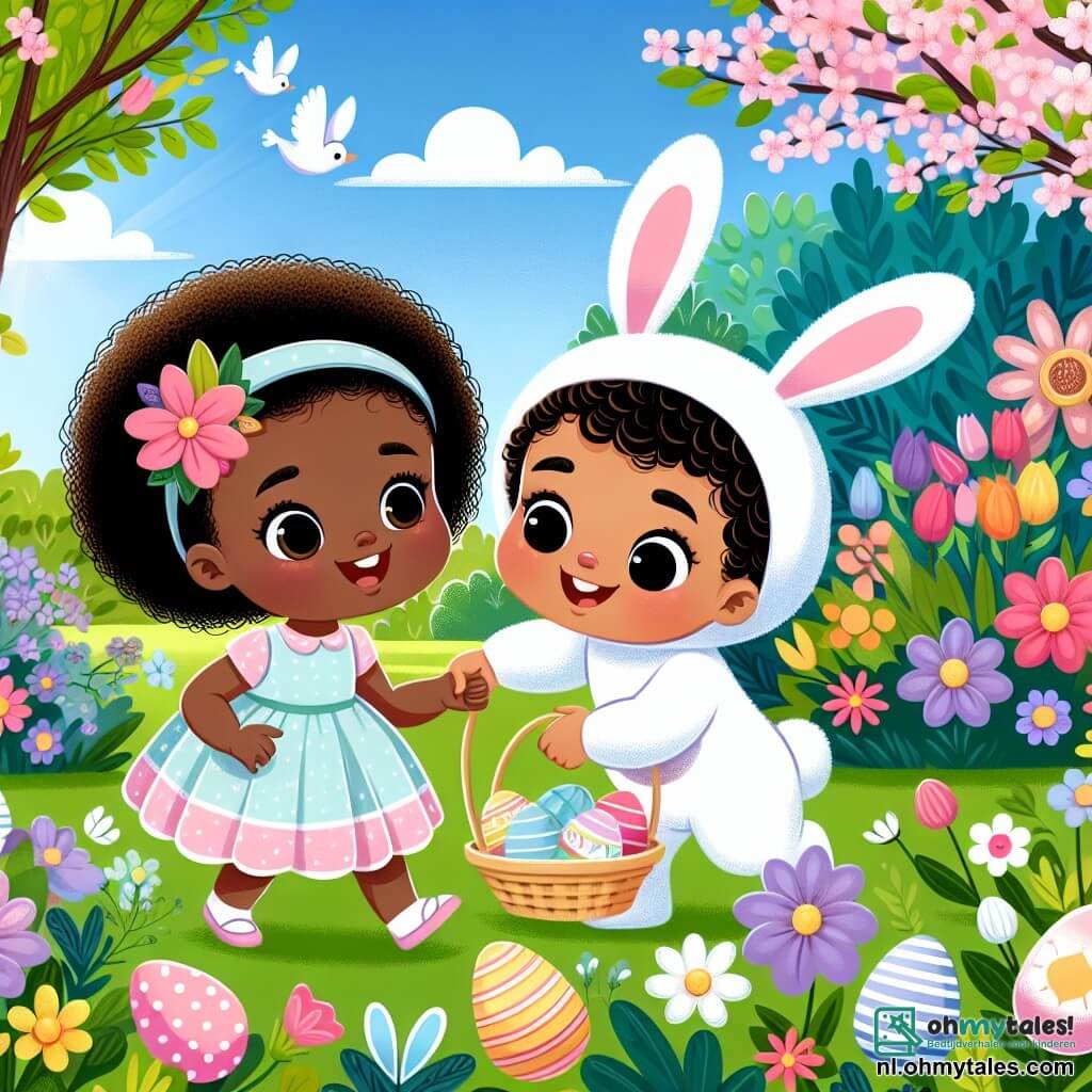 Une illustration sous forme de dessin destinée aux enfants représentant une magnifique jardin printanier rempli de fleurs colorées et d'arbres en fleurs, où une petite fille de 4 ans aux grands yeux brillants et aux cheveux bouclés, vêtue d'une robe pastel, est en train de chercher des œufs de Pâques cachés sous les buissons, tandis qu'un petit garçon de 4 ans, habillé en costume de lapin blanc avec de grandes oreilles, l'aide joyeusement en tenant un panier rempli d'œufs décorés, le tout sous un ciel bleu ensoleillé qui évoque la magie de Pâques.