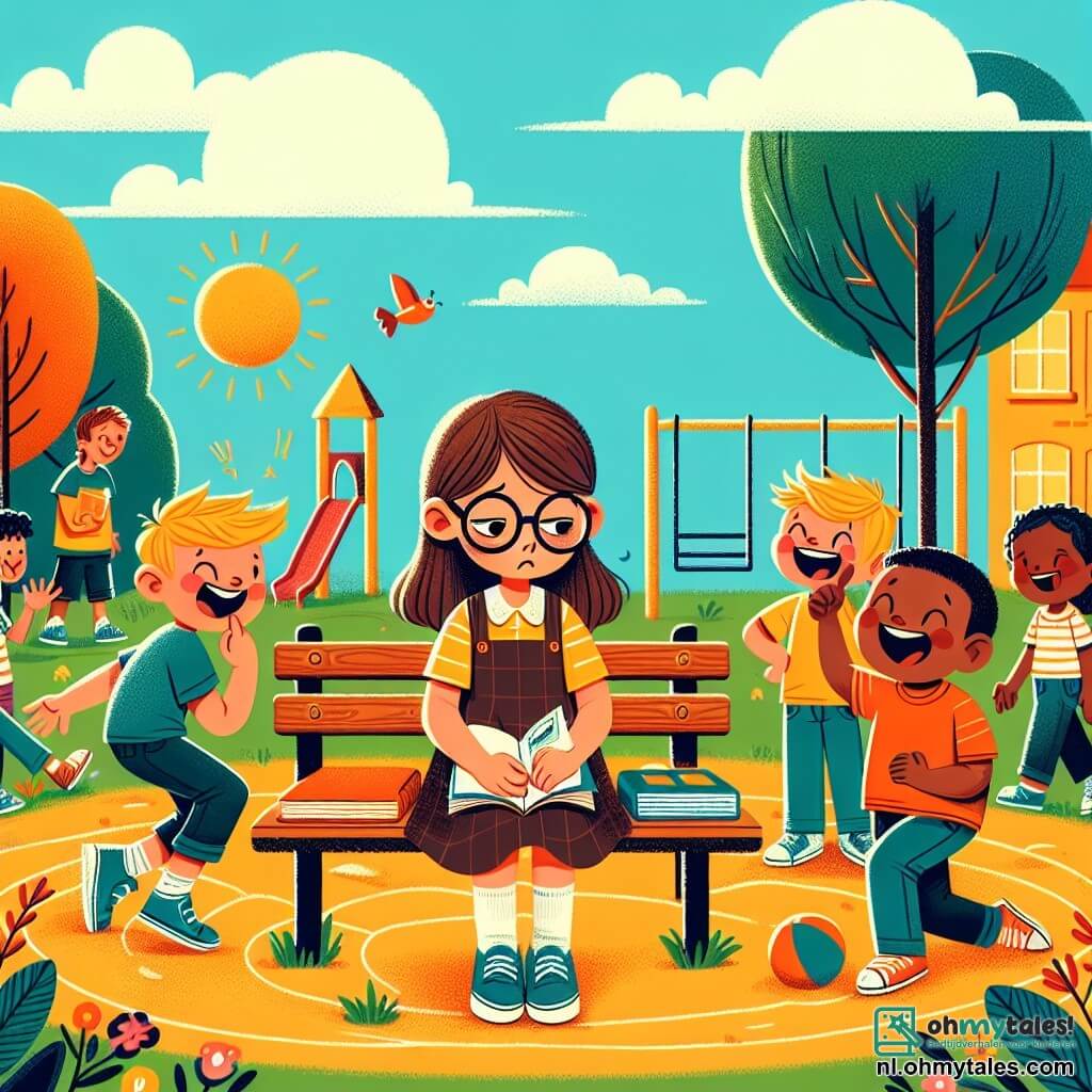 Une illustration sous forme de dessin destinée aux enfants représentant une cour d'école ensoleillée, avec des arbres verdoyants et des jeux d'enfants en arrière-plan ; au premier plan, une fille de 9 ans avec des cheveux bruns et des lunettes, assise sur un banc, l'air triste et pensif, tenant un livre dans ses mains ; autour d'elle, deux garçons aux cheveux blonds et bruns, l'un riant et l'autre se moquant d'elle, créant une atmosphère de harcèlement ; des camarades de classe en arrière-plan, jouant ensemble, ignorant la situation, soulignant l'isolement de la fille.