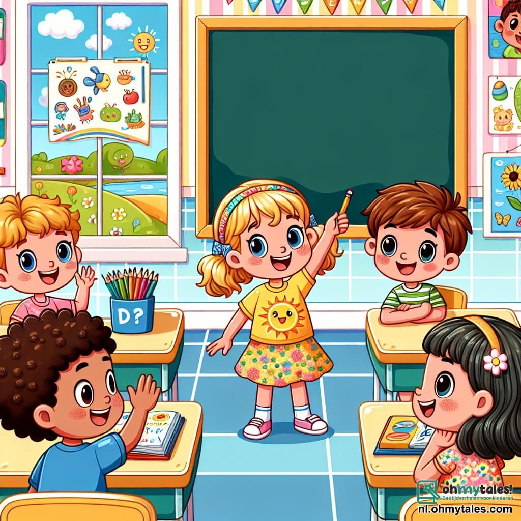 Illustratie van een kleurrijke en uitnodigende klaslokaal, met muren versierd met kindertekeningen en educatieve posters. In het midden staat een groot zwart bord omringd door lichte houten bureaus, elk versierd met kleurrijke schoolbenodigdheden. In deze scène is er een meisje van ongeveer 8 jaar met blond haar in twee mooie vlechten, dat een gele T-shirt draagt met een grote zonafbeelding. Ze glimlacht vrolijk terwijl ze haar hand opsteekt om haar idee te delen. Naast haar zit een ander meisje, ook 8 jaar oud, met krullend bruin haar en een bloemenjurk. Ze kijkt enthousiast naar haar vriendin, klaar om te luisteren. De belangrijkste situatie toont de kinderen die deelnemen aan een introductiespel, waarbij iedereen iets over zichzelf deelt. Medeleerlingen, een jongen met kastanjebruin haar en een meisje met zwart haar, zitten eromheen, luisteren aandachtig en glimlachen. Extra grafische elementen zijn onder andere kleurpotloden verspreid over de bureaus, een grote natuurposter aan de muur en een raam dat zonlicht binnenlaat, waardoor de kamer een warme en vrolijke sfeer krijgt.