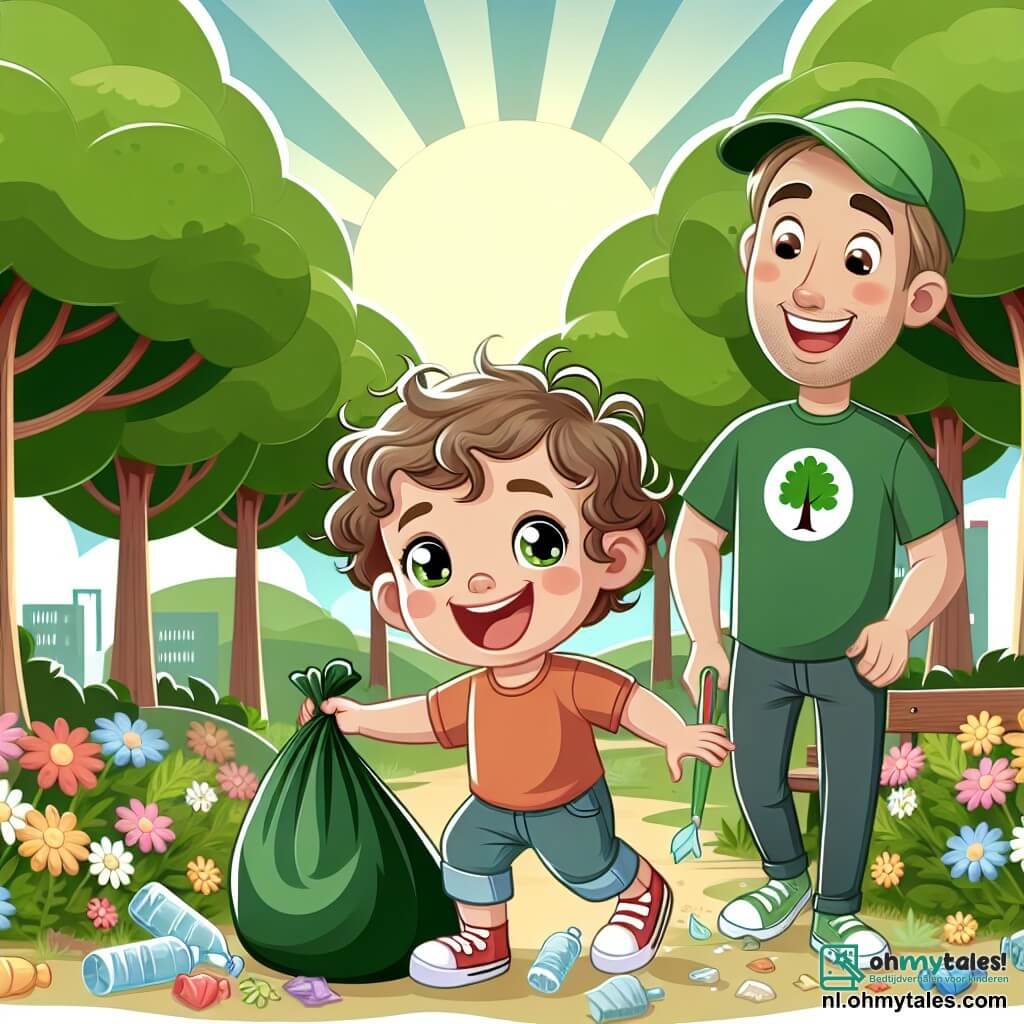 Une illustration sous forme de dessin destinée aux enfants représentant un parc naturel ensoleillé avec de grandes arbres verdoyants et des fleurs colorées, un petit garçon de 3 ans aux cheveux bouclés et aux yeux pétillants, souriant joyeusement en ramassant des déchets par terre, tandis qu'un homme adulte souriant portant une casquette verte et un T-shirt avec une image d'arbre l'observe avec fierté, illustrant l'importance de prendre soin de la nature et de protéger l'environnement.