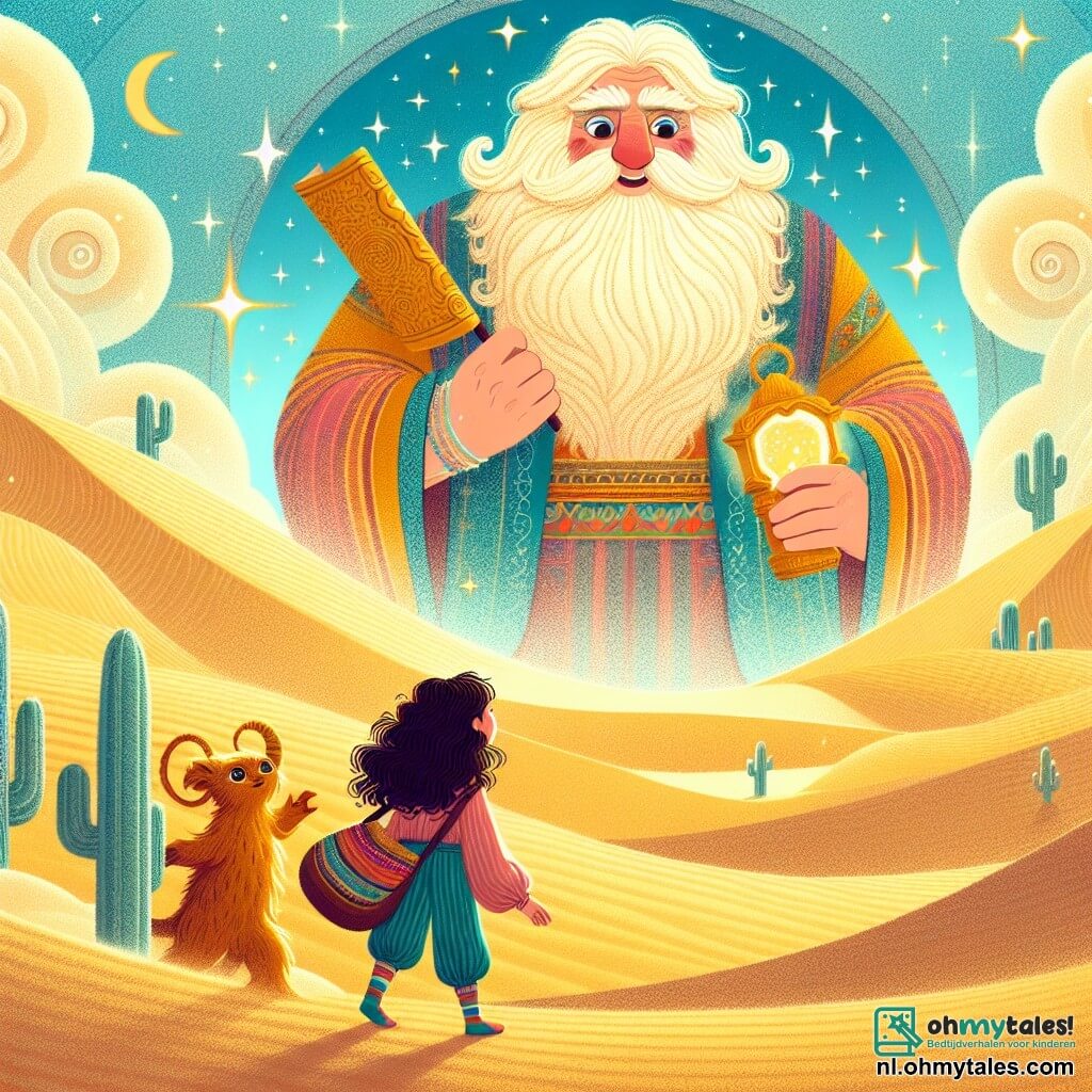 Une illustration sous forme de dessin destinée aux enfants représentant une vaste et lumineuse oasis entourée de dunes de sable doré, où un géant bienveillant avec une longue barbe et des yeux brillants, vêtu d'une tunique colorée, se tient majestueusement à l'entrée d'une grotte scintillante, tandis qu'une jeune fille aventureuse aux cheveux bouclés et à la sangle colorée, tenant une carte ancienne, s'approche avec émerveillement, et un petit être de sable, ressemblant à une créature amicale, flotte à ses côtés, alors qu'ils se préparent à découvrir les secrets magiques de la grotte et à libérer une légendaire feniks.