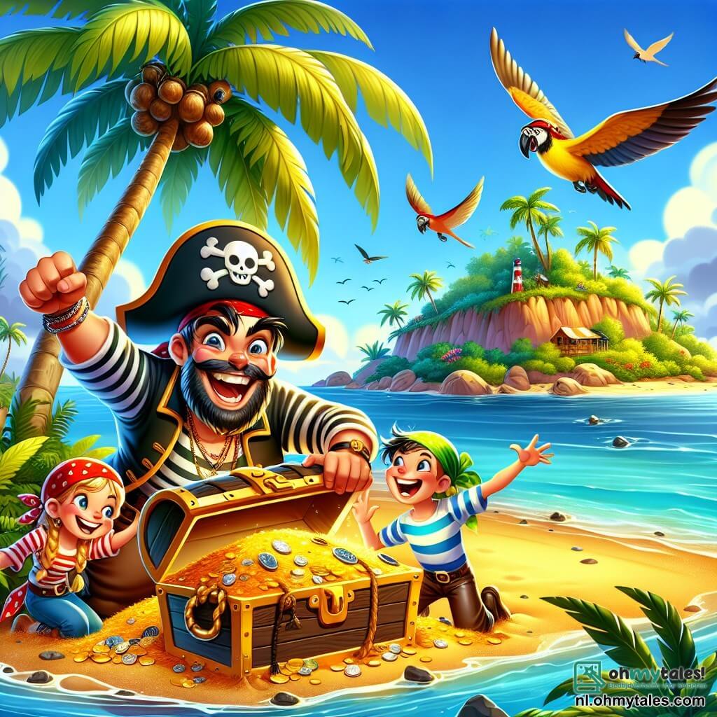 Une illustration sous forme de dessin destinée aux enfants représentant un magnifique îlot tropical avec des palmiers verdoyants et une plage de sable doré, où un homme au chapeau de piraat, portant une chemise rayée et un pantalon en cuir, se tient joyeusement en train de déterrer une grande caisse au trésor, entouré de trois enfants pirates, deux garçons avec des bandanas colorés et une fille avec des nattes, tous souriants et excités par la découverte de la précieuse richesse, tandis qu'un ciel bleu éclatant et des oiseaux colorés volent au-dessus d'eux, créant une atmosphère d'aventure et d'amitié.