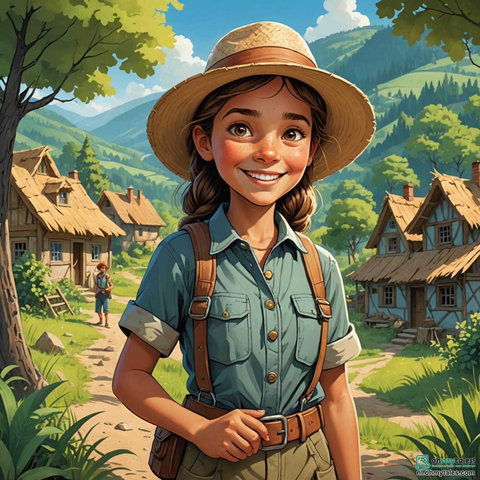 Une illustration destinée aux enfants représentant une femme archéologue au sourire éclatant, vêtue d'une grande chemise kaki et d'un chapeau de paille, se tenant au milieu d'un village pittoresque bordé d'un vaste et mystérieux bois, où des enfants aux yeux pétillants de curiosité, dont une fille à la tresse dorée et un garçon à la casquette bleue, l'écoutent attentivement alors qu'elle leur raconte des histoires fascinantes sur des trésors enfouis et des civilisations disparues, tout en tenant dans ses mains un ancien pot en terre cuite orné de motifs colorés, le soleil filtrant à travers les feuilles des arbres, illuminant les visages émerveillés des jeunes aventuriers en herbe.