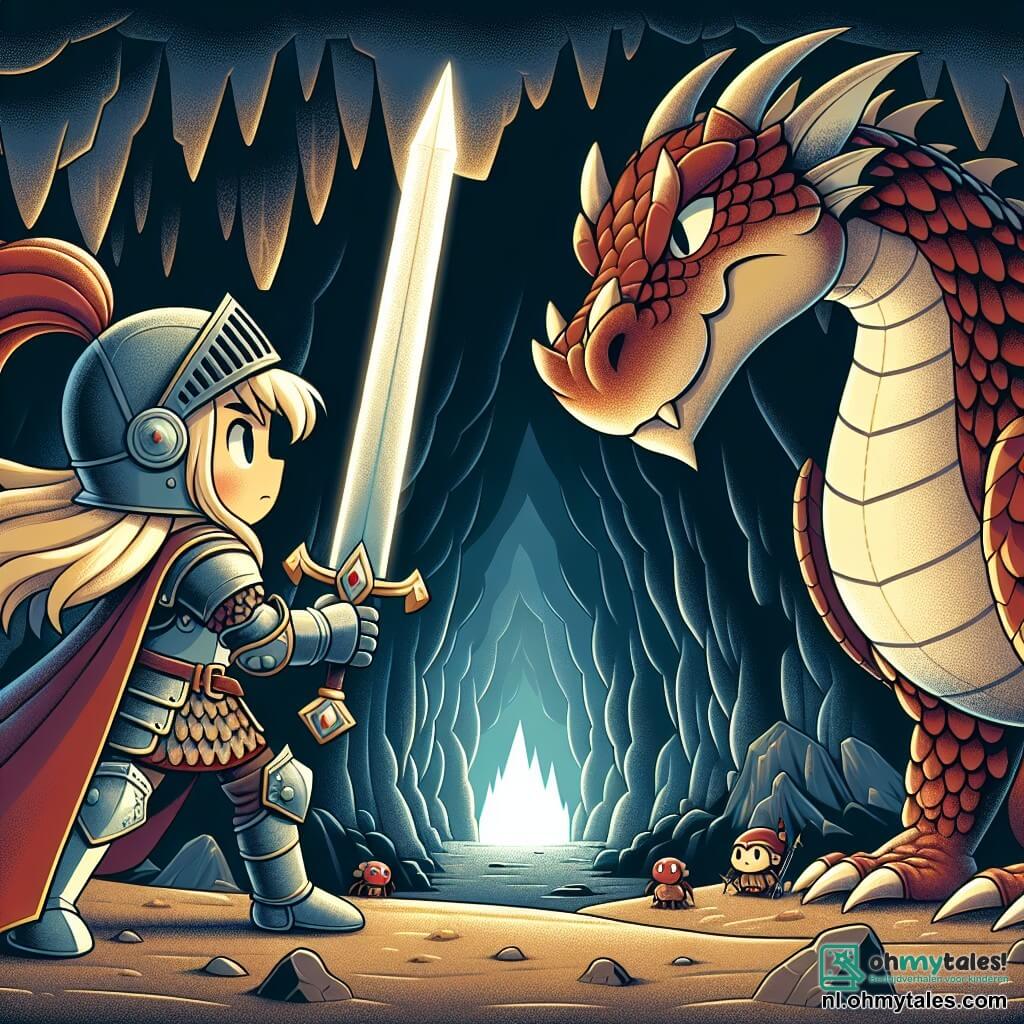 Une illustration sous forme de dessin destinée aux enfants représentant une vaste grotte sombre et mystérieuse, où une courageuse chevaleresse aux cheveux longs et dorés, vêtue d'une armure scintillante, se tient avec détermination, brandissant son épée brillante face à un énorme dragon aux écailles rouges, qui se dresse majestueusement, ses yeux perçants fixés sur elle, tandis qu'un groupe de petites araignées curieuses observe la scène depuis un coin ombragé, symbolisant le défi et l'aventure qui attendent la chevaleresse dans sa quête pour récupérer la précieuse Pierre de Lumière.