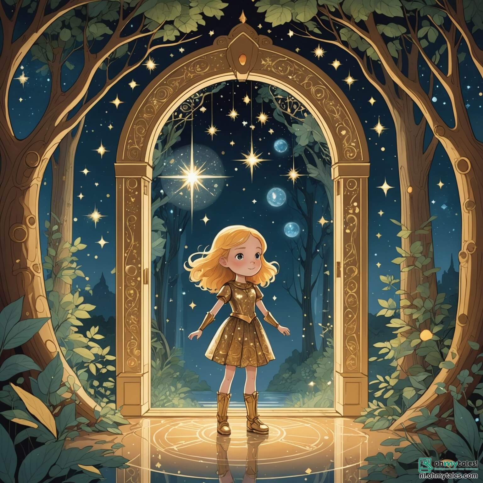 Une illustration destinée aux enfants représentant une jeune fille aux cheveux d'or scintillant comme des étoiles, vêtue d'une tunique chatoyante ornée de motifs célestes, se tenant courageusement devant une majestueuse porte en cristal émettant une lueur mystérieuse, dans un monde fantastique où les arbres géants aux feuilles luminescentes dansent au rythme d'une brise enchantée, tandis qu'un petit robot aux formes arrondies et aux yeux pétillants, son fidèle compagnon, flotte joyeusement à ses côtés, alors qu'ils se préparent à explorer les secrets d'Altheria, un royaume magique où la science et la magie s'entrelacent, et où des créatures fantastiques, comme des dragons aux écailles étincelantes et des elfes aux ailes translucides, veillent sur les Krachtstenen, des gemmes puissantes capables de restaurer l'équilibre de leur monde.