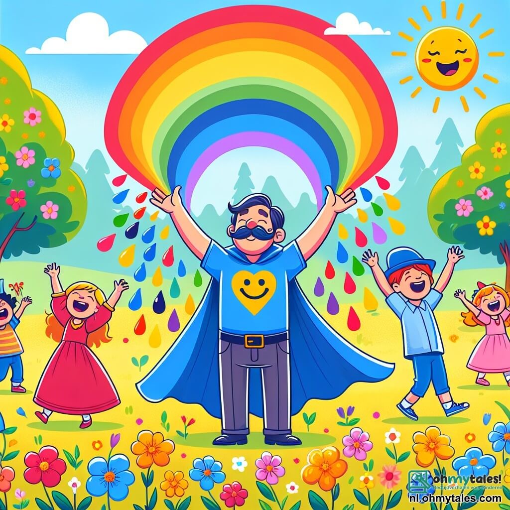 Une illustration sous forme de dessin destinée aux enfants représentant un parc ensoleillé rempli de fleurs colorées, avec un homme au grand cœur portant une cape bleue et un t-shirt à smiley, levant les bras vers le ciel en créant une magnifique pluie de couleurs, entouré de plusieurs enfants, dont une fille avec une grande robe rouge et un garçon portant une casquette bleue, tous deux chantant joyeusement et dansant autour des fleurs qui commencent à s'épanouir, symbolisant l'union et la joie face à l'adversité.