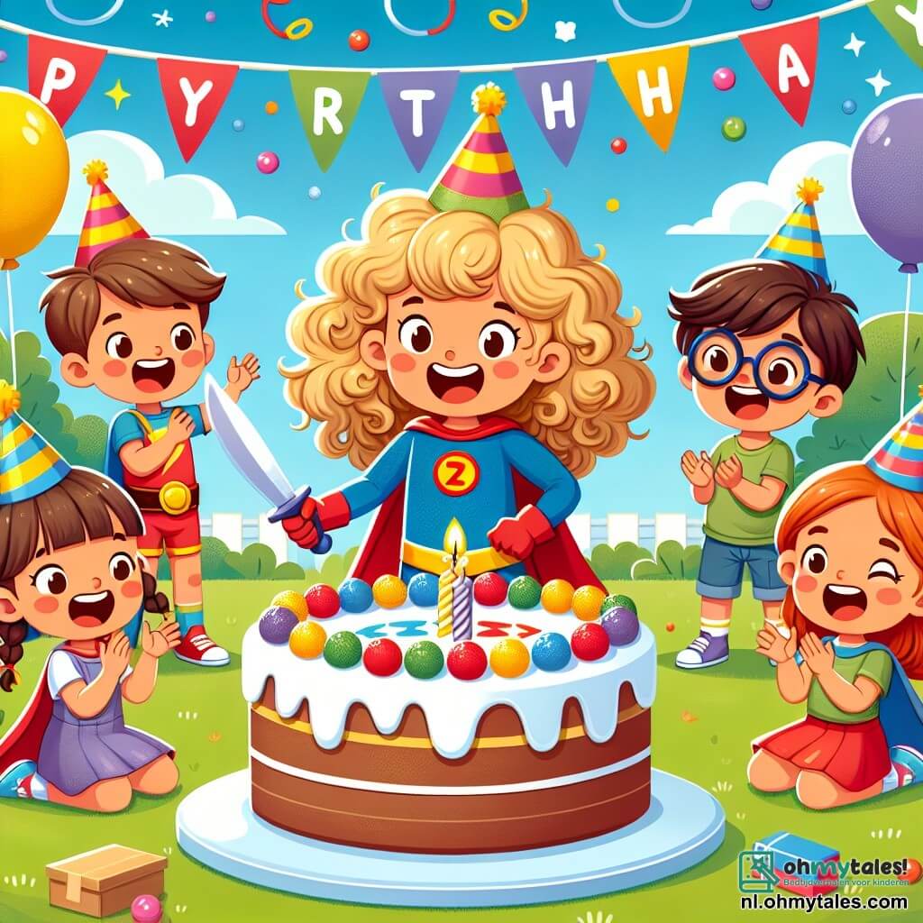 Une illustration sous forme de dessin destinée aux enfants représentant une joyeuse fête d'anniversaire dans un jardin ensoleillé, avec une fille de 7 ans aux cheveux bouclés et blonds, portant un costume de super-héros coloré et souriante alors qu'elle découpe une grande et délicieuse gâteau décoré de bonbons, entourée de ses amis : une fille aux cheveux bruns en tresse qui applaudit avec enthousiasme, un garçon aux lunettes qui rit en tenant une médaille en carton, et une autre fille aux cheveux roux qui montre une carte de chasse au trésor, le tout sous des ballons colorés flottant dans l'air et une bannière "Joyeux Anniversaire" en arrière-plan.