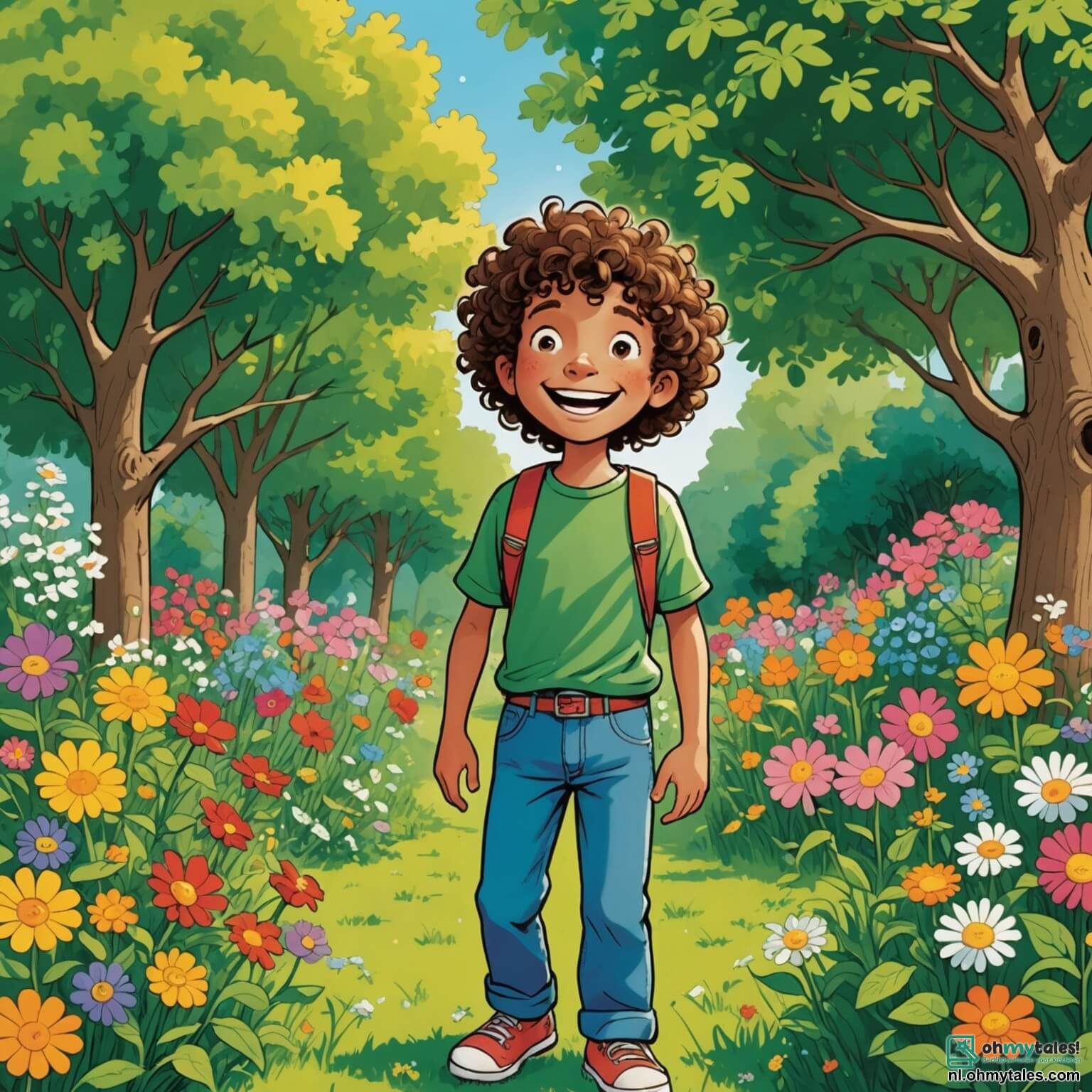 Une illustration destinée aux enfants représentant un garçon aux cheveux bouclés et à la grande sourire éclatant, se tenant au milieu d'un jardin ensoleillé rempli de fleurs colorées et de grands arbres verdoyants, où il célèbre sa fête d'anniversaire entouré de ses amis, une fille aux yeux pétillants et un garçon au visage malicieux, tous deux riant et jouant à cache-cache, tandis que le garçon, bien que d'abord hésitant à montrer sa créativité et à apprendre à faire du vélo sans roulettes, découvre peu à peu la magie de la confiance en soi à travers les encouragements de ses camarades et les joies simples d'une journée d'été.