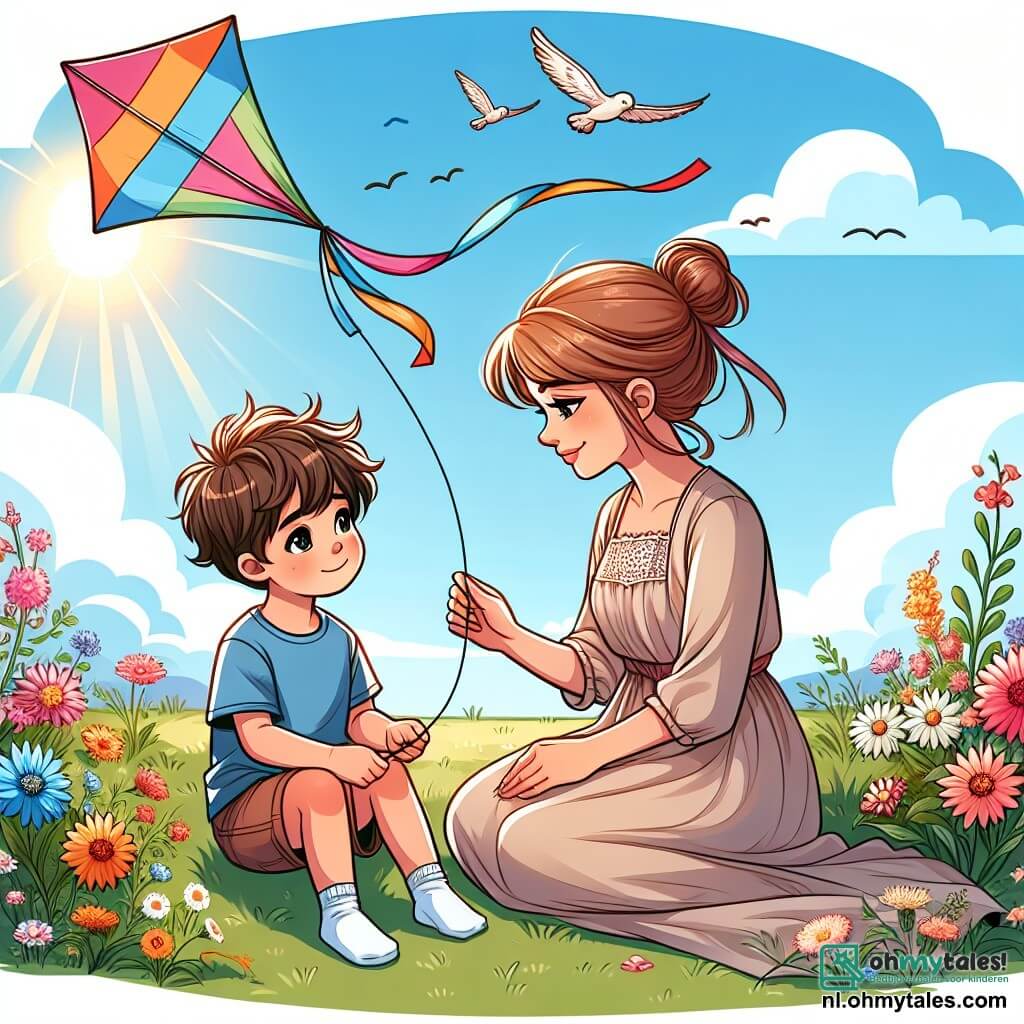 Une illustration sous forme de dessin destinée aux enfants représentant un petit garçon de 5 ans avec des cheveux bruns en désordre, portant un t-shirt bleu et un short, assis dans un jardin coloré rempli de fleurs, tenant une belle cerf-volant multicolore, tandis qu'une femme d'une trentaine d'années, avec des cheveux châtains attachés en chignon et portant une robe légère, l'observe avec un sourire doux, illustrant un moment de tendresse et de soutien entre mère et fils après une séparation familiale, avec un ciel ensoleillé et des oiseaux volant au-dessus d'eux pour symboliser l'espoir et le renouveau.