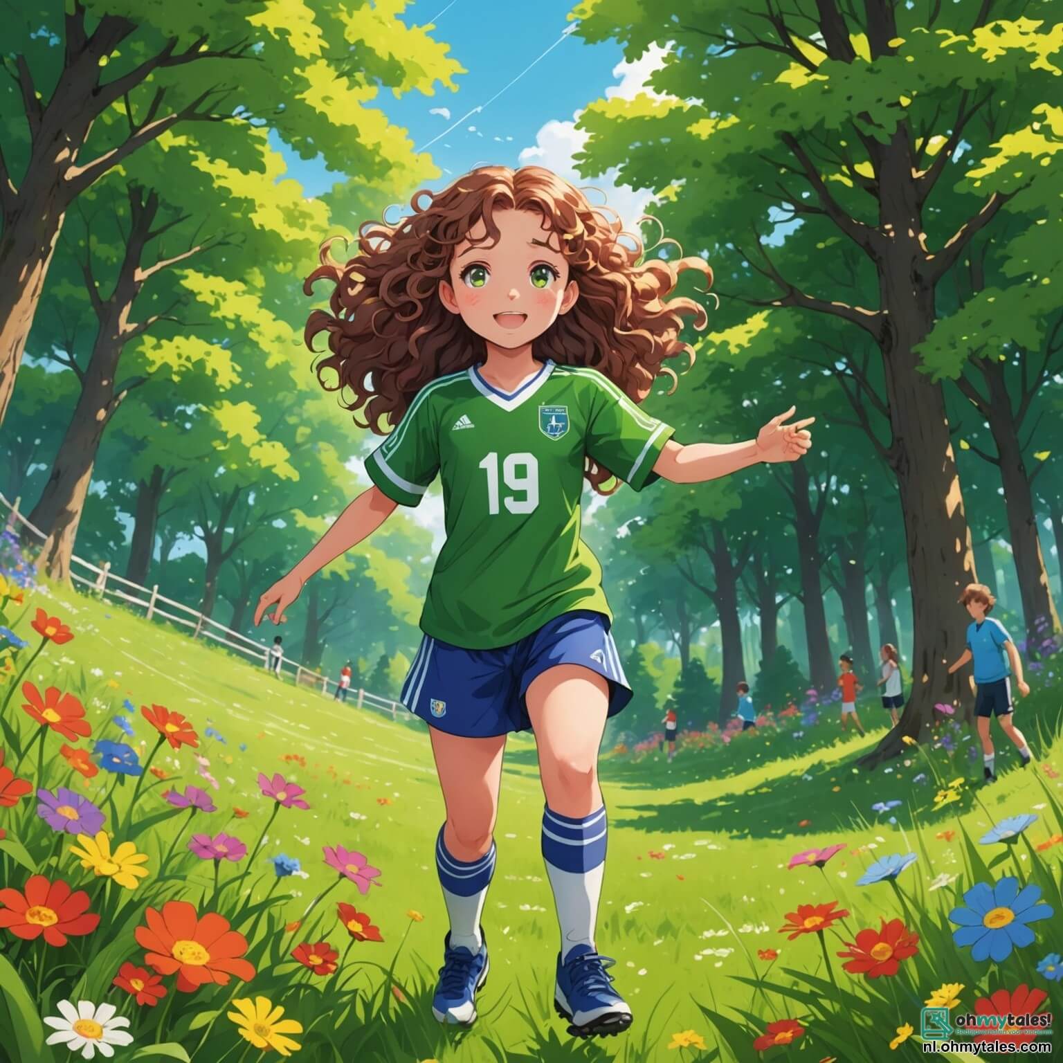 Une illustration destinée aux enfants représentant une jeune fille aux cheveux bouclés et brillants, drapée dans un maillot de football éclatant, qui se tient fièrement au centre d'un terrain verdoyant, entourée de fleurs sauvages colorées et de grands arbres aux feuilles dansantes, tandis qu'elle s'apprête à montrer ses talents de footballeuse devant ses camarades, un garçon aux yeux pétillants et une autre fille pleine d'énergie, tous deux impatients de découvrir les secrets du jeu, le soleil illuminant la scène d'une douce lumière dorée, créant une atmosphère de joie et d'excitation palpable.