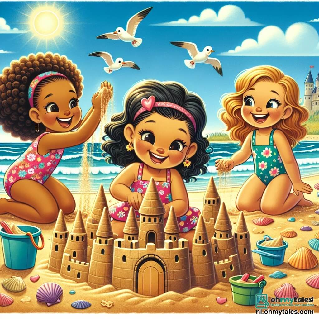 Illustratie van een zonnige scène op een strand met gouden zand, met zachte golven die de kust kussen. Op de achtergrond is de lucht helderblauw, met enkele donzige witte wolken. Op de voorgrond staan drie meisjes van ongeveer 8 jaar, allemaal glimlachend en vrolijk. Het eerste meisje, met zwart krullend haar, draagt een roze bloemenbadpak en is bezig een groot zandkasteel te bouwen, met handen vol zand. Het tweede meisje, met een lange blonde vlecht, draagt een blauwe badpak en houdt een hartvormige schelp vast, klaar om het kasteel te versieren. Het derde meisje, met kastanjebruin haar, draagt een groene badpak en lacht terwijl ze probeert de anderen nat te spetteren met zeewater. De hoofdscene toont de drie vriendinnen verenigd in vreugde, samen werkend aan een prachtig zandkasteel, omringd door kleurrijke schelpen en kleine emmers. Meeuwen vliegen boven hen, wat bijdraagt aan de zomerse sfeer. De illustratie moet de geest van vriendschap en samenwerking vastleggen, met stralende glimlachen en enthousiaste gebaren.