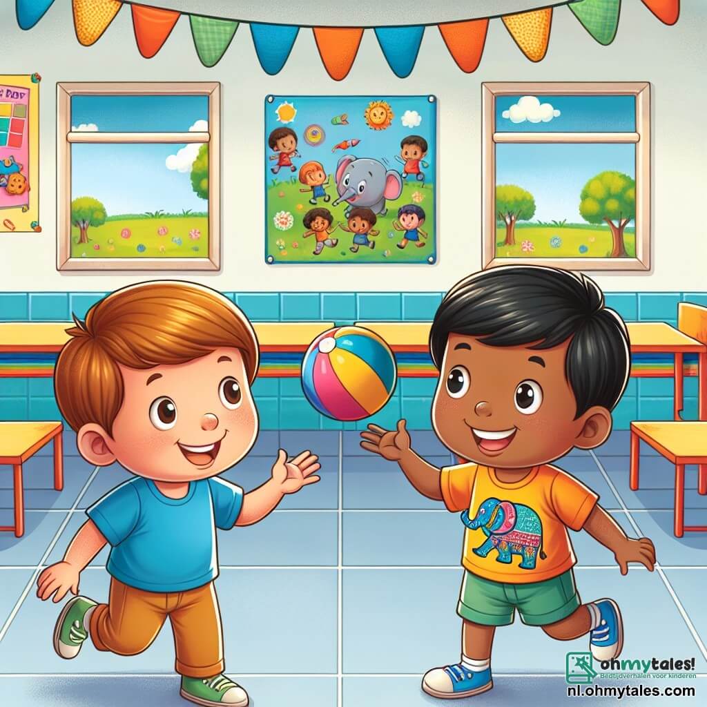 Une illustration sous forme de dessin destinée aux enfants représentant une salle de classe colorée avec des affiches sur les murs, où un garçon de 5 ans aux cheveux châtains et à la peau claire, souriant et vêtu d'un t-shirt bleu, joue avec un nouveau camarade, un garçon de 5 ans aux cheveux noirs et à la peau brune, portant un t-shirt coloré avec une grande olifant, alors qu'ils se passent une balle, symbolisant leur amitié naissante et la célébration de la diversité.