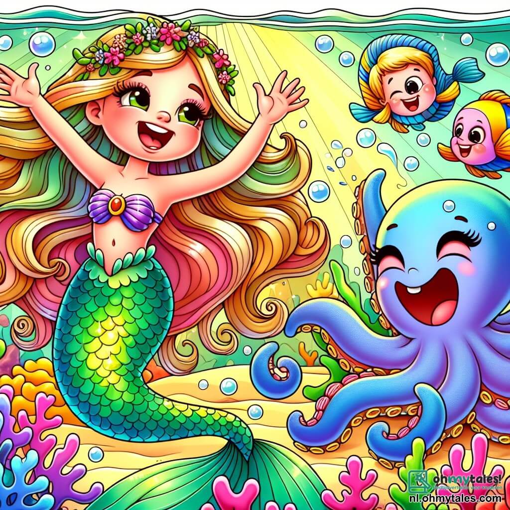 Une illustration sous forme de dessin destinée aux enfants représentant une scène sous-marine colorée et enjouée, où une sirène aux longs cheveux ondulés et à la queue scintillante de couleur verte danse joyeusement dans l'eau, entourée de deux autres sirènes aux queues bleue et rose qui rient en chantant, tandis qu'un grand octopus aux tentacules multicolores, avec un air amusé, essaie maladroitement de les imiter, le tout baigné dans une lumière dorée filtrée par la surface de la mer, avec des coraux vibrants et des poissons curieux qui observent la scène.