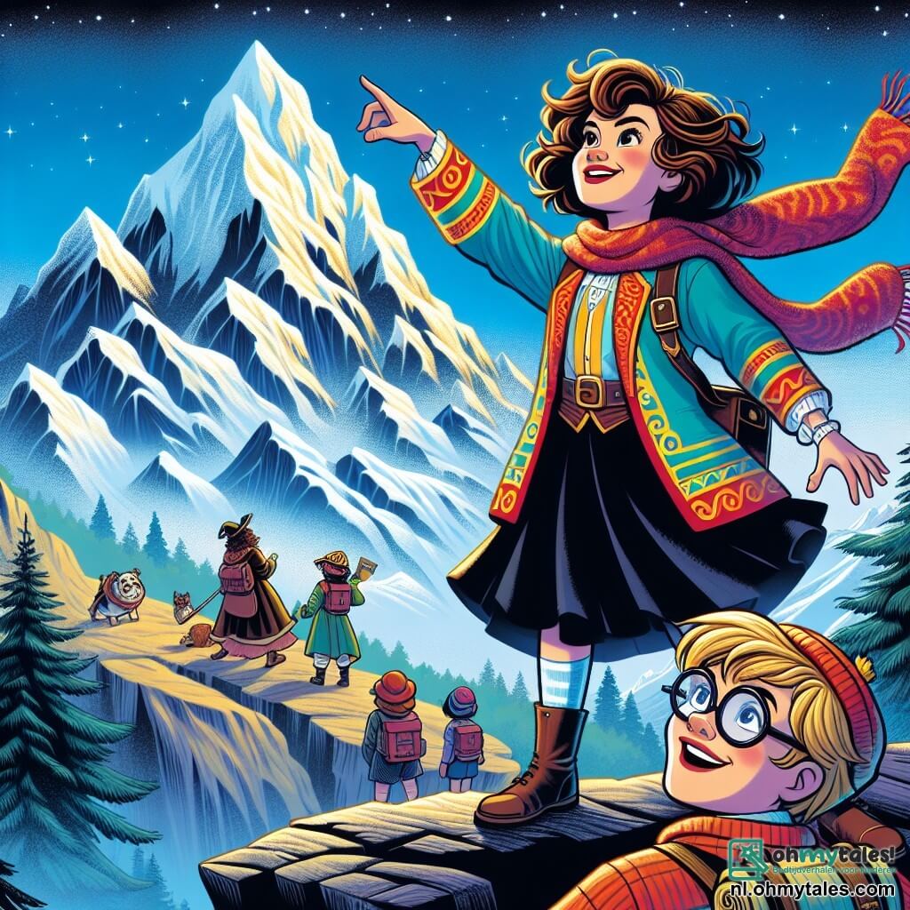 Une illustration sous forme de dessin destinée aux enfants représentant une majestueuse montagne aux sommets enneigés sous un ciel bleu éclatant, avec une jeune femme courageuse aux cheveux bruns et bouclés, portant une veste colorée et une écharpe rouge, qui sourit tout en tenant une carte mystérieuse, accompagnée de son ami, un garçon aux lunettes rondes et aux cheveux blonds, qui regarde avec émerveillement un groupe d'apprentis aventuriers, tous deux se tenant au bord d'une falaise, prêts à explorer les secrets de la légendaire Regenboogberg.