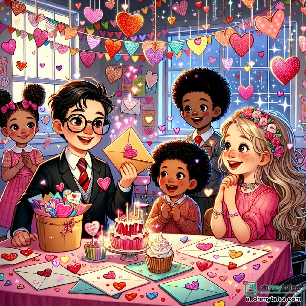 Illustratie van een levendige scène van een Valentijnsfeest in een versierde klaslokaal. De muren zijn versierd met kleurrijke papieren harten en glinsterende slingers, terwijl een grote tafel in het midden vol ligt met handgemaakte kaarten en hartvormige lekkernijen. Op de voorgrond glimlacht een jongen van ongeveer 10 jaar, met bruin haar en een bril, enthousiast terwijl hij een gouden envelop vasthoudt. Naast hem kijkt een meisje van dezelfde leeftijd, met lange blonde vlechten en een roze jurk, met sprankelende ogen naar de kaart. Achter hen maakt een jongen met kort zwart haar, van ongeveer 10 jaar, een verraste gebaar, terwijl een meisje in een rolstoel, met krullend haar en een warme glimlach, de scène met vreugde observeert. De hoofdscène toont de kinderen die het mysterie van een Valentijnskaart ontdekken, omringd door lachen en vriendschap. Harten en sterren zweven om hen heen, wat een magische toets toevoegt aan de vrolijke sfeer van het feest.