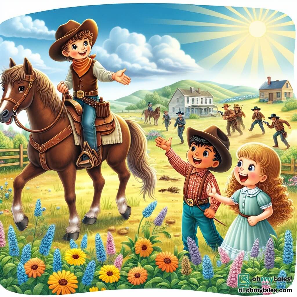 Une illustration sous forme de dessin destinée aux enfants représentant une prairie ensoleillée avec des fleurs sauvages colorées, où un jeune cowboy courageux, un garçon de dix ans avec des cheveux bruns bouclés et un large sourire, se tient fier sur son poney brun, tandis qu'à ses côtés, une fille aux cheveux longs et blonds, portant une robe légère, l'encourage avec enthousiasme, alors qu'ils se préparent à affronter un groupe de garçons taquins qui s'approchent, prêts à défier leur amitié dans une compétition amicale pour une mystérieuse chasse au trésor.