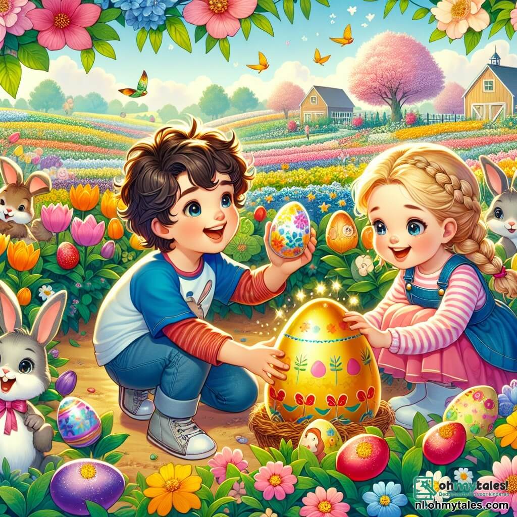 Une illustration sous forme de dessin destinée aux enfants représentant une vaste et colorée jardin de ferme au printemps, avec un garçon de 10 ans aux cheveux bruns et bouclés, portant un T-shirt bleu avec un motif de lapin, qui cherche avec enthousiasme des œufs de Pâques cachés parmi les fleurs éclatantes, tandis qu'une fille aux cheveux blonds et tressés, vêtue d'une robe rose, s'agenouille pour ramasser un œuf décoré, et un petit lapin magique aux yeux pétillants, assis sur un œuf doré, observe la scène avec un sourire malicieux, créant une atmosphère joyeuse et pleine de magie.