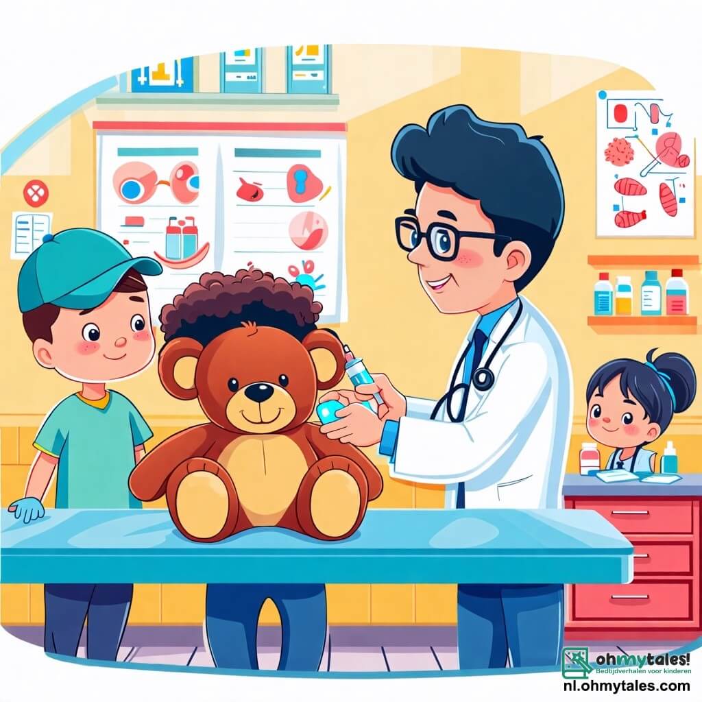 Une illustration sous forme de dessin destinée aux enfants représentant une salle de consultation lumineuse et colorée, où un homme médecin au sourire chaleureux, portant une blouse blanche et des lunettes, administre une injection à un grand ours en peluche allongé sur une table d'examen, tandis que deux enfants, une fille aux cheveux bouclés et un garçon avec une casquette, observent la scène avec des expressions d'inquiétude et de curiosité, entourés de jouets médicaux et de posters éducatifs sur les murs.