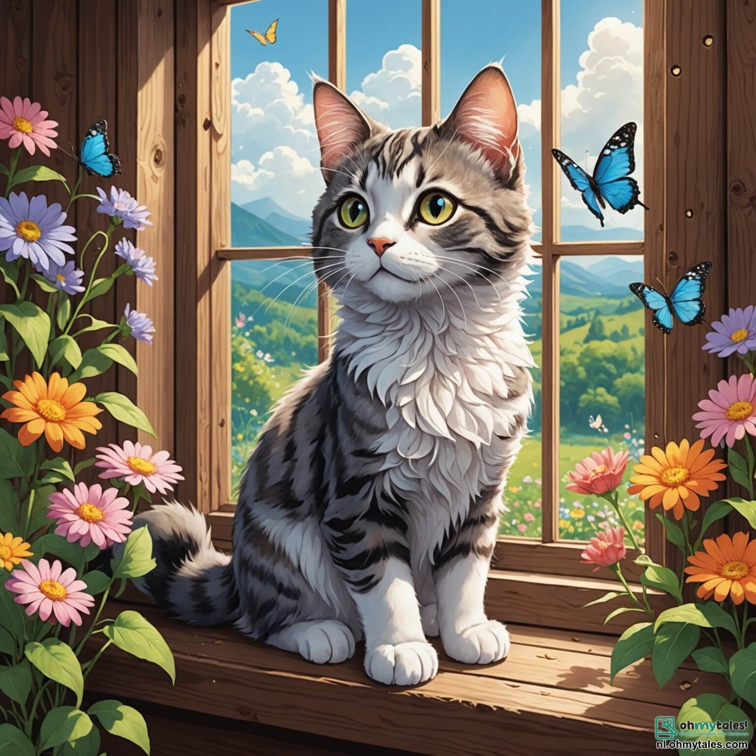 Une illustration destinée aux enfants représentant un chat aux yeux pétillants et à la fourrure soyeuse comme un nuage, se tenant sur une fenêtre en bois ornée de fleurs colorées, contemplant avec curiosité le vaste monde extérieur où les oiseaux chantent joyeusement et les papillons virevoltent, tandis qu'il rêve d'aventures palpitantes dans une forêt magique regorgeant de secrets, où il sera rejoint par sa meilleure amie, une petite souris espiègle au pelage gris, tous deux prêts à explorer ensemble les merveilles d'un jardin enchanté rempli de fleurs éclatantes et d'une fontaine scintillante, tout en découvrant la véritable magie de l'amitié et de la gentillesse.