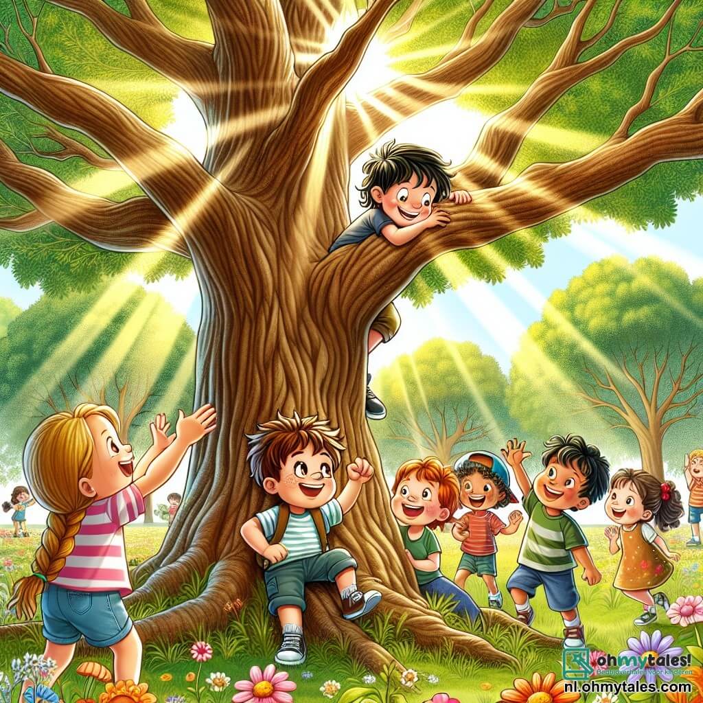 Illustratie die een scène in een zonnig park toont, gevuld met kleurrijke bloemen en majestueuze bomen. In het midden staat een groep kinderen rond een grote, oude eik met wijd uitgestrekte takken die een uitnodigende schaduw creëren. Tussen hen is een jongen van ongeveer 10 jaar met rommelig bruin haar en een bril, die trots glimlacht terwijl hij op een lage tak klimt. Naast hem moedigt een 9-jarig meisje met gevlochten blond haar hem aan met een grote glimlach en opgestoken armen. Een andere jongen, iets groter, met zwart haar en een pet, applaudisseert en moedigt de jongen aan om hoger te klimmen. De hoofdscène toont het moment waarop de jongen, vol vastberadenheid, begint te klimmen, terwijl zijn vrienden enthousiast aanmoedigen. Zonne-stralen filteren door de bladeren en verlichten hun blije, zelfverzekerde gezichten. Op de achtergrond spelen en lachen andere kinderen, wat een sfeer van kameraadschap en geluk aan de scène toevoegt.