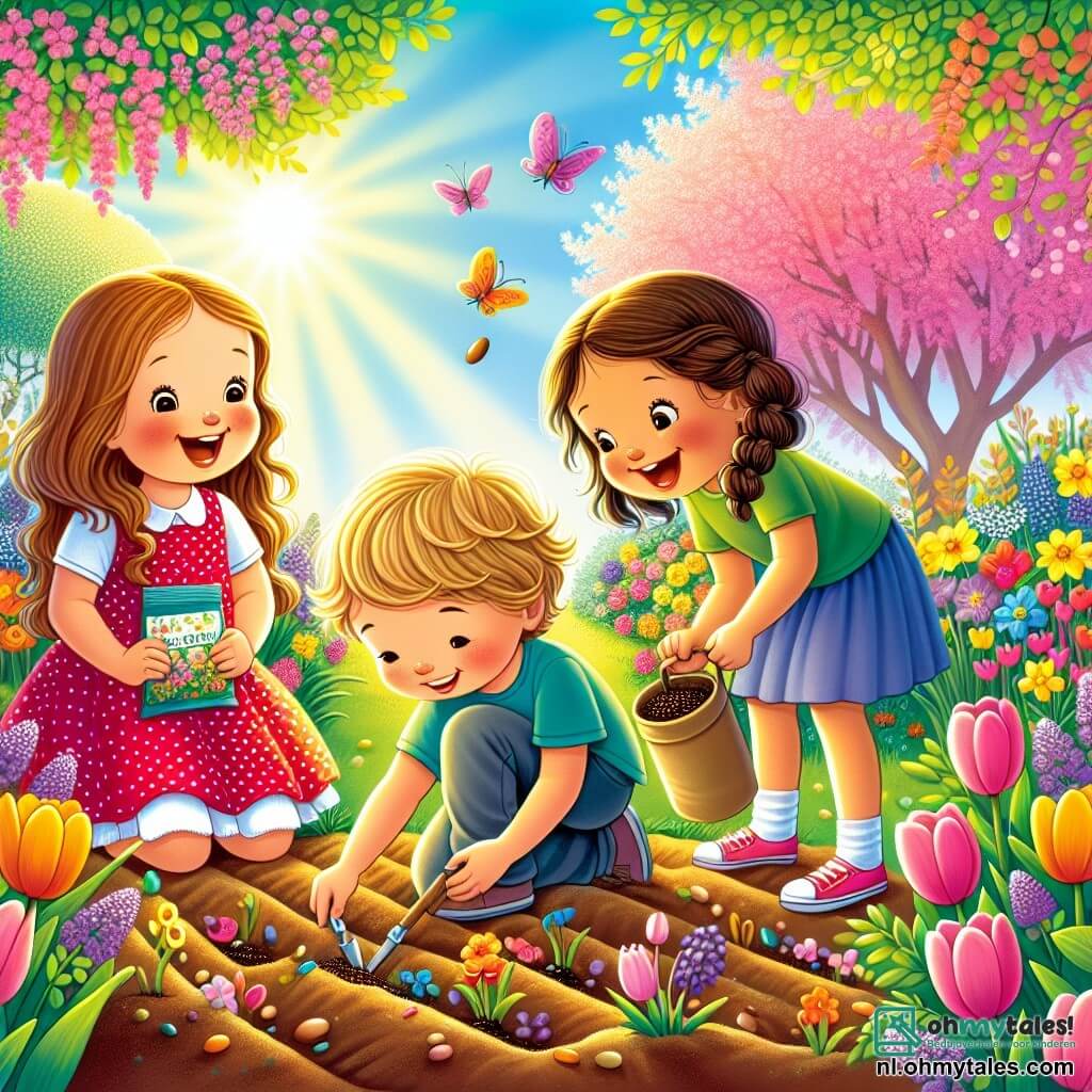 Illustratie van een zonnige lentetuin, vol met kleurrijke bloemen zoals roze tulpen, paarse viooltjes en gele narcissen. In het midden speelt een groep van vier kinderen, drie meisjes en een jongen, met het planten van zaden in de losse aarde. Het eerste meisje, ongeveer 8 jaar oud, heeft lang bruin haar en draagt een rode jurk met witte stippen. Ze glimlacht vrolijk terwijl ze een zakje zaden vasthoudt. Het tweede meisje, ook 8 jaar oud, heeft blond gevlochten haar en draagt een blauwe blouse. Ze zit gehurkt en maakt een klein gaatje in de grond. De jongen, ongeveer 7 jaar oud, heeft kastanjebruin haar en draagt een groene t-shirt. Hij buigt zich om een zaadje op te rapen. Het laatste meisje, 9 jaar oud, heeft krullend haar en draagt een kleurrijke rok. Ze lacht terwijl ze een kleine schep vasthoudt. Op de achtergrond zorgen bloeiende bomen en een helderblauwe lucht voor een vrolijke lentestemming. Kleurrijke vlinders vliegen om de kinderen heen, en een mand vol zaden staat op het gras naast hen. De afbeelding straalt een gevoel van geluk, vriendschap en ontdekking uit, en vangt de geest van de lente.