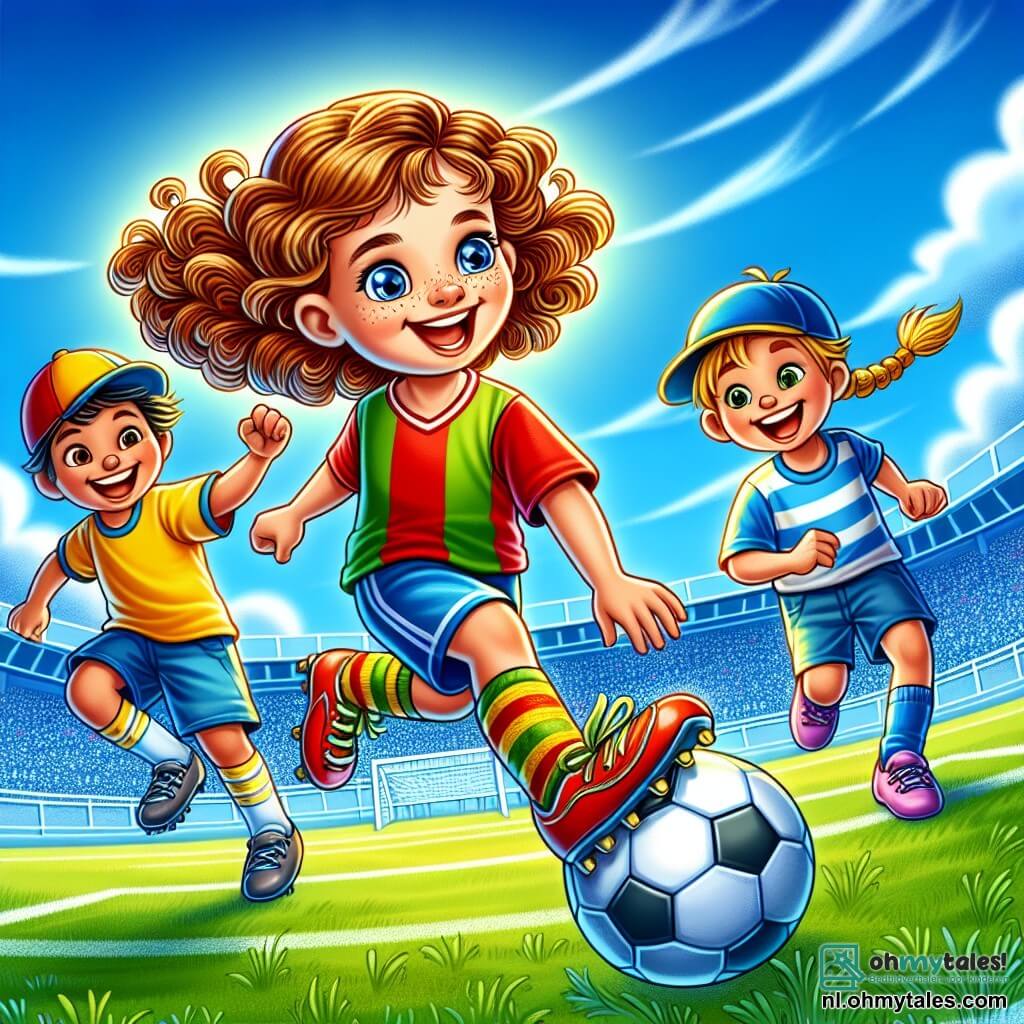 Une illustration sous forme de dessin destinée aux enfants représentant un terrain de football verdoyant sous un ciel bleu ensoleillé, où une jeune fille aux cheveux bruns et bouclés, portant un maillot de football coloré et des chaussures brillantes, dribble habilement le ballon avec un grand sourire, tandis que deux de ses amis, un garçon avec une casquette bleue et une fille avec une tresse, l'encouragent en sautant de joie, capturant l'excitation et l'esprit d'équipe d'une journée de match pleine d'énergie et de camaraderie.