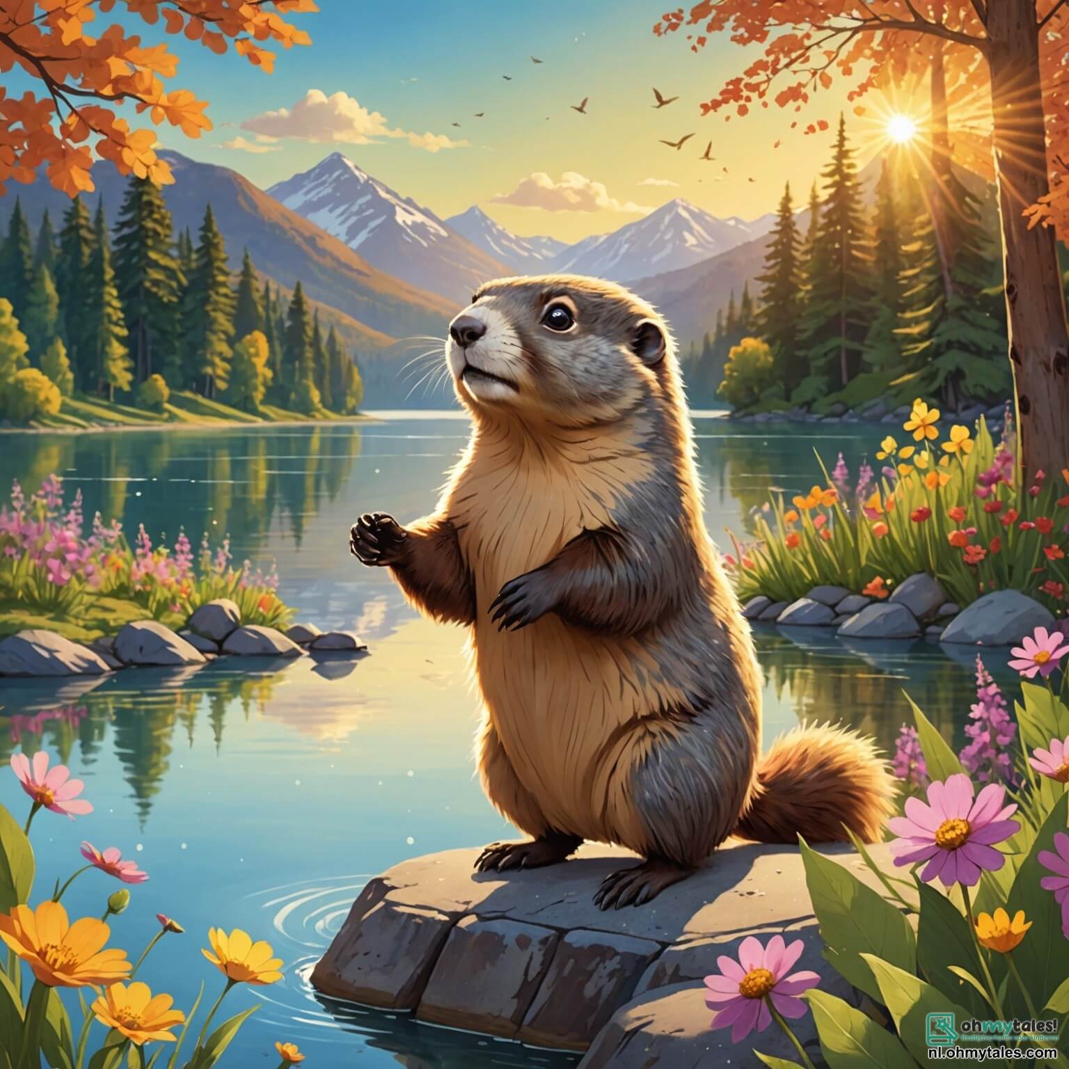 Une illustration destinée aux enfants représentant une petite marmotte au pelage doux et brun, aux yeux pétillants de curiosité, se tenant fièrement devant un majestueux et mystérieux lac scintillant sous le soleil doré, entouré de fleurs colorées et de grands arbres aux feuilles dansantes, tandis qu'elle se prépare à vivre une aventure palpitante à la découverte de ce lieu enchanteur, accompagnée de son amie la joyeuse petite oiseau aux plumes éclatantes, tous deux animés par l'excitation de rencontrer des créatures magiques et de percer les secrets de la forêt vibrante qui les entoure.