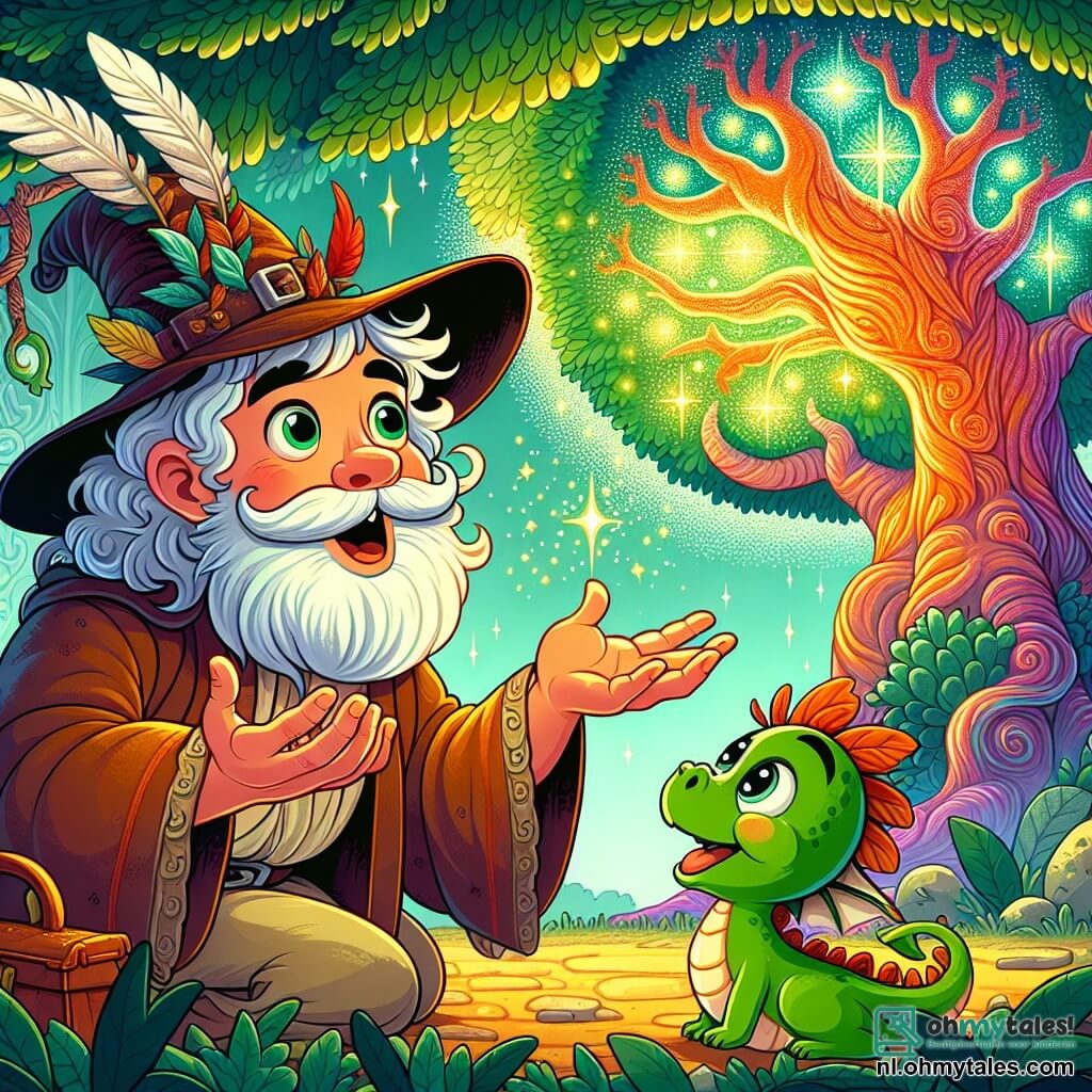 Une illustration sous forme de dessin destinée aux enfants représentant une scène magique sur un île enchantée, où un homme à la grande barbe frisée et portant une flamboyante chapeau orné de plumes, se tient avec un sourire émerveillé devant une immense et colorée arbre magique, tandis qu'à ses côtés, un petit dragon vert aux yeux pétillants, nommé Blazey, l'observe avec curiosité, alors qu'ils viennent de résoudre une énigme pour gagner l'amitié des mystérieux ombres qui les entourent, créant une atmosphère d'aventure et de camaraderie.