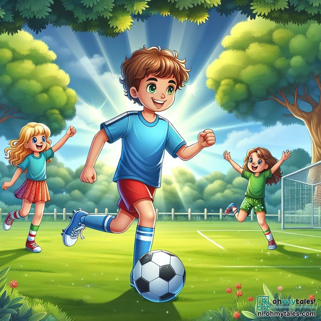Une illustration sous forme de dessin destinée aux enfants représentant un terrain de football verdoyant entouré d'arbres majestueux, avec un garçon de dix ans aux cheveux bruns et bouclés, portant un maillot de football bleu, dribblant habilement le ballon en souriant, tandis que deux filles aux cheveux blonds et châtains, vêtues de shorts colorés, l'encouragent en levant les bras, le tout capturant l'excitation d'un match amical entre amis, avec des rayons de soleil illuminant la scène joyeuse.