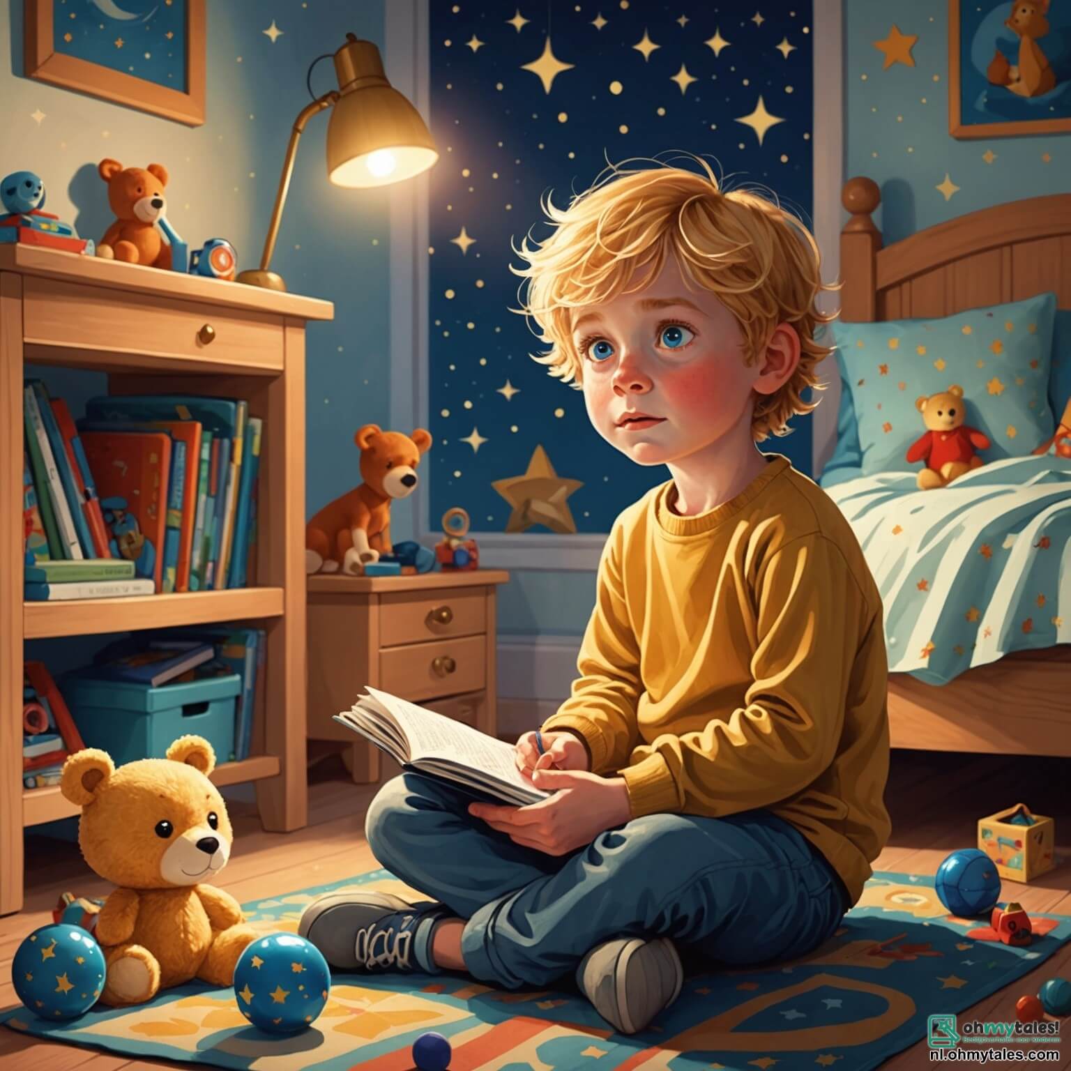 Une illustration destinée aux enfants représentant un petit garçon aux grands yeux bleus et à la chevelure dorée, assis sur son lit recouvert d'une couverture étoilée, dans une chambre chaleureuse où des jouets colorés sont éparpillés sur le sol, tandis que la lumière tamisée de la lampe de chevet projette des ombres dansantes sur les murs, où se trouve également son ami, un garçon un peu plus âgé, qui, avec un sourire rassurant, brandit une lampe de poche pour éclairer les coins sombres de la pièce, alors qu'ils affrontent ensemble la peur du noir qui les entoure, transformant l'obscurité en un terrain d'aventures imaginaires.