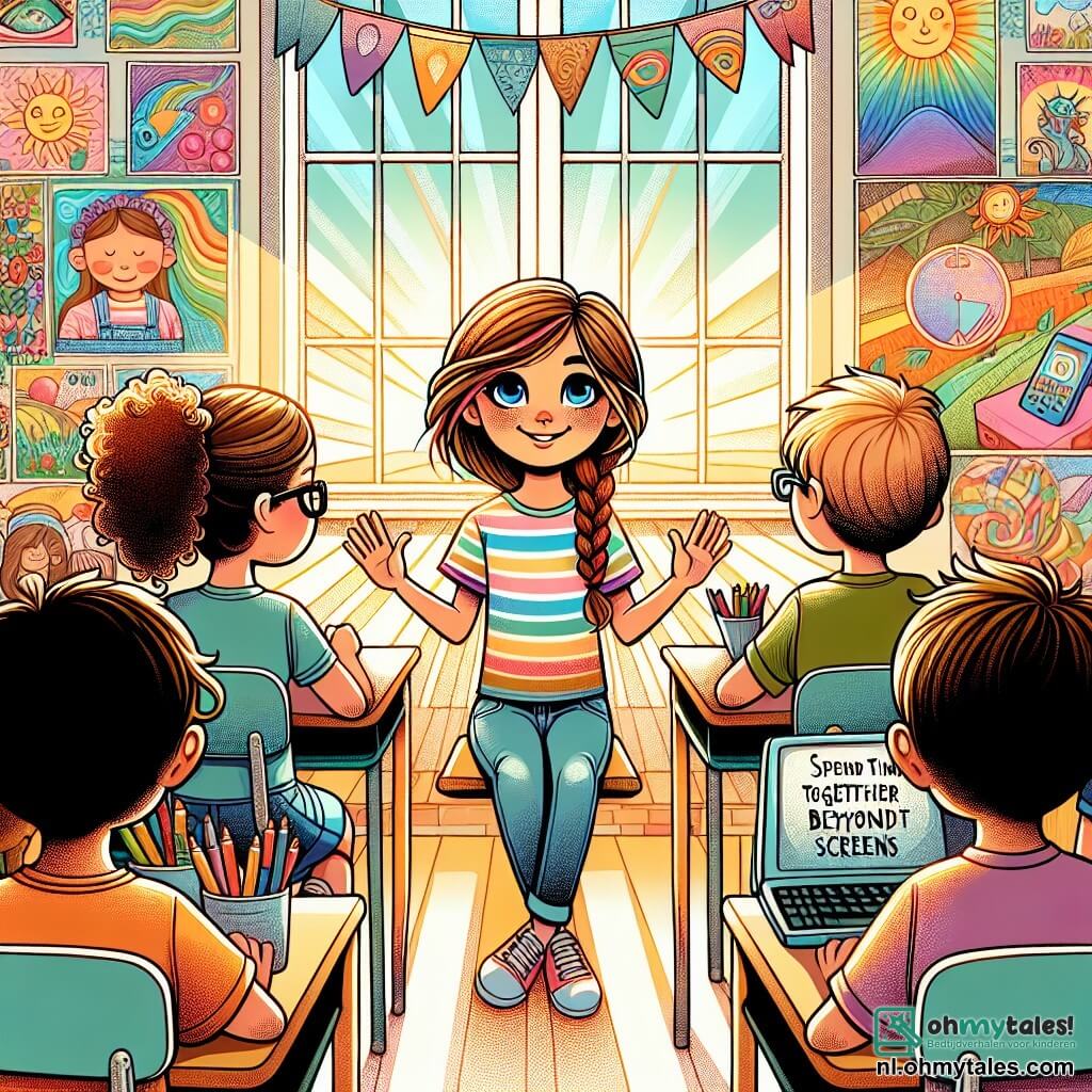 Une illustration sous forme de dessin destinée aux enfants représentant une salle de classe colorée et ensoleillée, avec des murs décorés de dessins d'enfants, où une fille de 11 ans aux cheveux châtains en tresse, portant un t-shirt à rayures et un jean, est assise à un bureau, entourée de ses camarades de classe, dont un garçon aux lunettes et une fille aux cheveux bouclés, tous attentifs et souriants, alors qu'elle explique avec enthousiasme l'importance de passer du temps ensemble sans écrans, illustrant ainsi le thème de la connexion humaine au-delà des technologies.