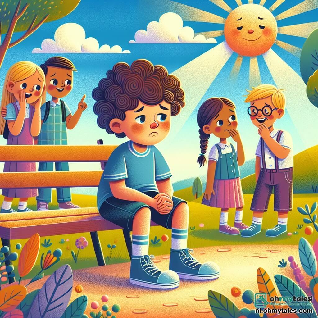 Une illustration sous forme de dessin destinée aux enfants représentant une cour d'école ensoleillée, avec un garçon de 9 ans aux cheveux bruns et bouclés, portant un t-shirt bleu et un short, assis sur un banc, l'air triste et pensif, tandis qu'un groupe de camarades de classe, dont une fille aux cheveux blonds tressés et un garçon aux lunettes, discutent à l'écart, montrant des expressions de moquerie, illustrant ainsi la situation de harcèlement que le garçon subit, avec des dessins colorés et des éléments de nature comme des arbres et des fleurs pour adoucir l'atmosphère.