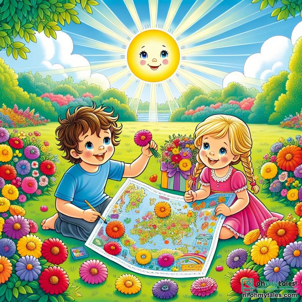 Illustratie van een zonnig park, vol met kleurrijke bloemen in levendige tinten van rood, geel en paars. In het midden van de afbeelding zitten drie kinderen op het groene, zachte gras. Een vierjarig jongetje met rommelig bruin haar en een blauwe t-shirt houdt trots een grote kaart vast versierd met vrolijke tekeningen. Naast hem staat een vierjarig meisje met lange, gevlochten blonde haren en een roze jurk, die glimlacht terwijl ze een boeket kleurrijke bloemen vasthoudt. Een andere vierjarige jongen met kort blond haar en een groene t-shirt kijkt enthousiast naar de kaart. Ze zijn bezig een speciaal cadeau voor hun papa voor te bereiden, omringd door zonnestralen die de scène verlichten. Op de achtergrond zijn groene bomen en een heldere blauwe lucht te zien, wat een vrolijke en feestelijke sfeer aan deze speciale dag toevoegt.