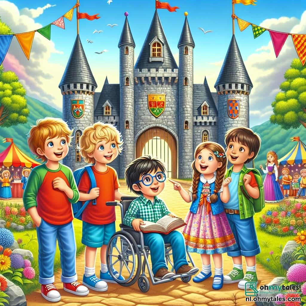 Illustratie van een groot middeleeuws kasteel met hoge stenen torens, gekleurde vlaggen die in de wind wapperen en een bloeiende tuin op de voorgrond. Op de voorgrond staan vier kinderen samen: een jongen van ongeveer 10 jaar met blond, krullend haar, in een rode t-shirt en blauwe shorts, die verwonderd naar het kasteel kijkt; een meisje van ongeveer 9 jaar met een lange bruine vlecht, gekleed in een kleurrijke jurk, die vrolijk glimlacht en met haar vinger naar een feestscène binnen het kasteel wijst; een jongen van ongeveer 11 jaar met kastanjebruin haar en een bril, in een geruite shirt, die een open boek vasthoudt en gefascineerd is door de verhalen over ridders; en een meisje van ongeveer 10 jaar, zittend in een rolstoel, met kort haar en een stralende glimlach, die lacht terwijl ze naar de anderen luistert. De scène toont de kinderen voor de grote poort van het kasteel, klaar om binnen te gaan en een avontuur vol magie en vriendschap te beleven, met lachen en levendige kleuren die vreugde en opwinding oproepen.