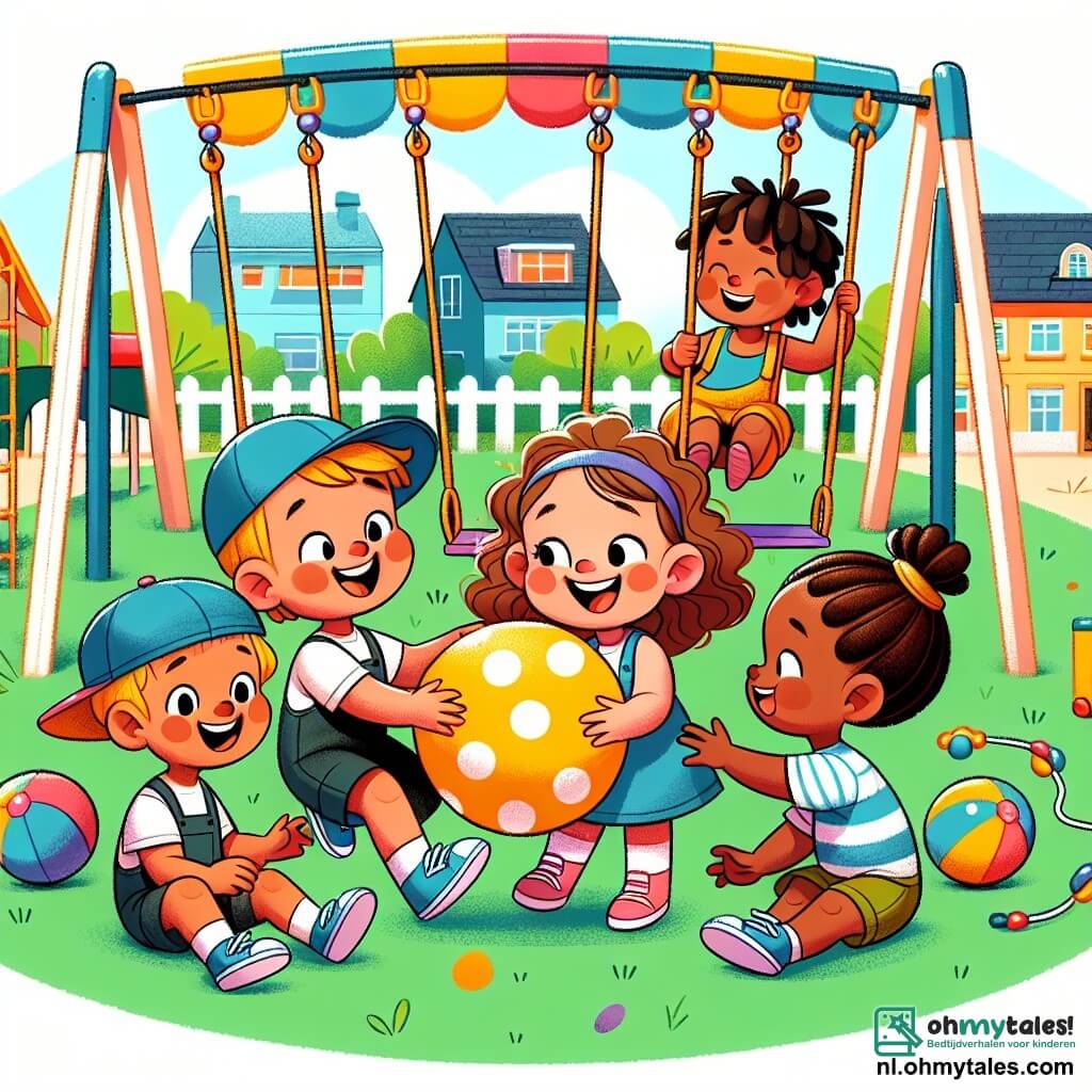 Une illustration sous forme de dessin destinée aux enfants représentant une aire de jeux colorée avec des balançoires et une grande pelouse verte, où une petite fille de 3 ans aux cheveux bouclés et à la peau claire, souriante, tient une grande balle jaune à pois et joue avec un garçon de 4 ans portant une casquette bleue et ayant la peau claire, ainsi qu'une fille de 4 ans à la peau foncée et aux cheveux tressés, tous ensemble en train de rire et de s'amuser, illustrant la joie de l'amitié et la diversité dans le jeu.