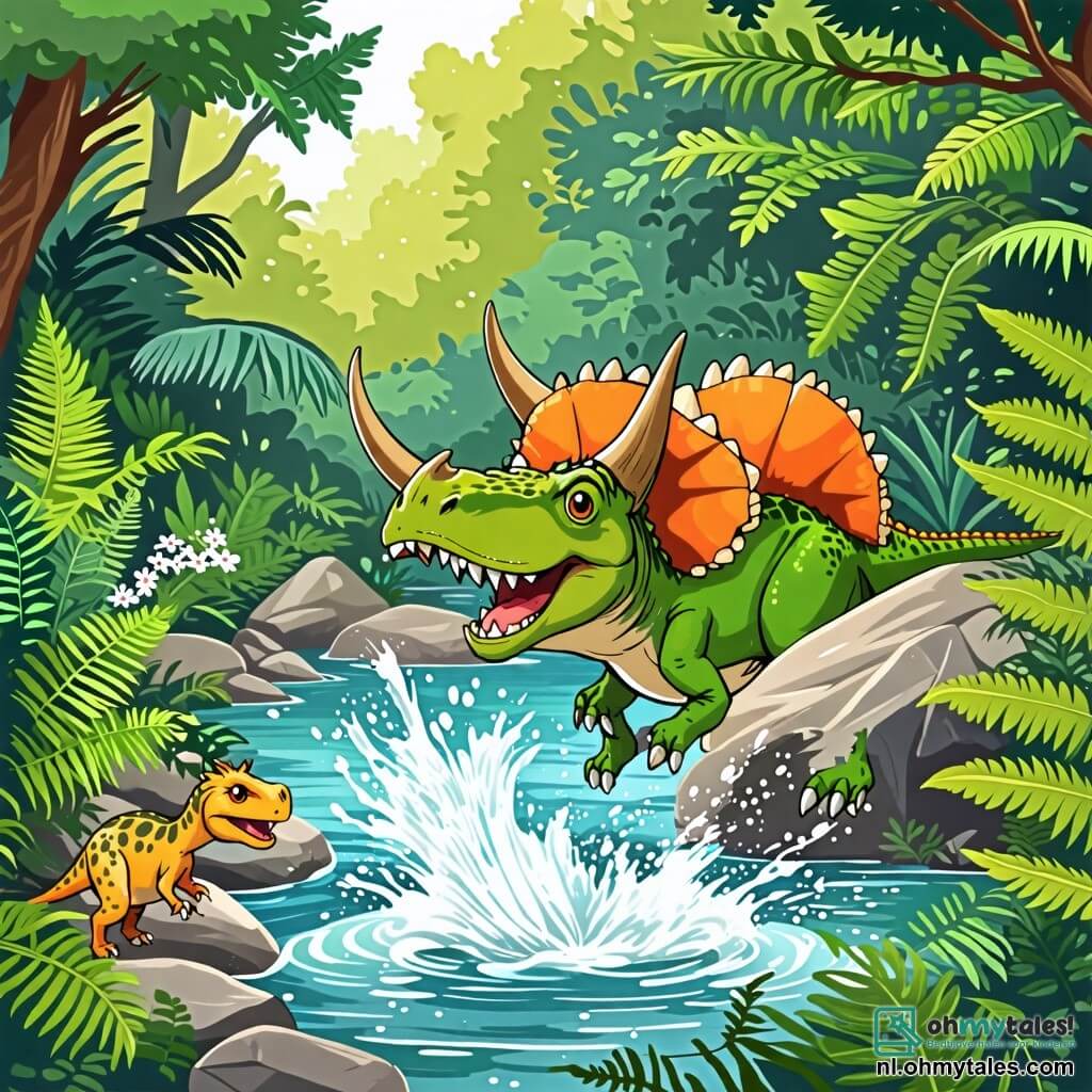 Une illustration sous forme de dessin destinée aux enfants représentant une rivière scintillante entourée de grandes fougères vertes et de rochers, où un tricératops aux trois cornes et à la peau verte éclatante joue joyeusement dans l'eau, tandis qu'un petit vélociraptor aux plumes colorées saute autour de lui, tous deux riant et éclaboussant, alors qu'un dinosaure amusant, rapide et souriant, les observe depuis le bord de la rivière, créant une atmosphère de camaraderie et de joie.