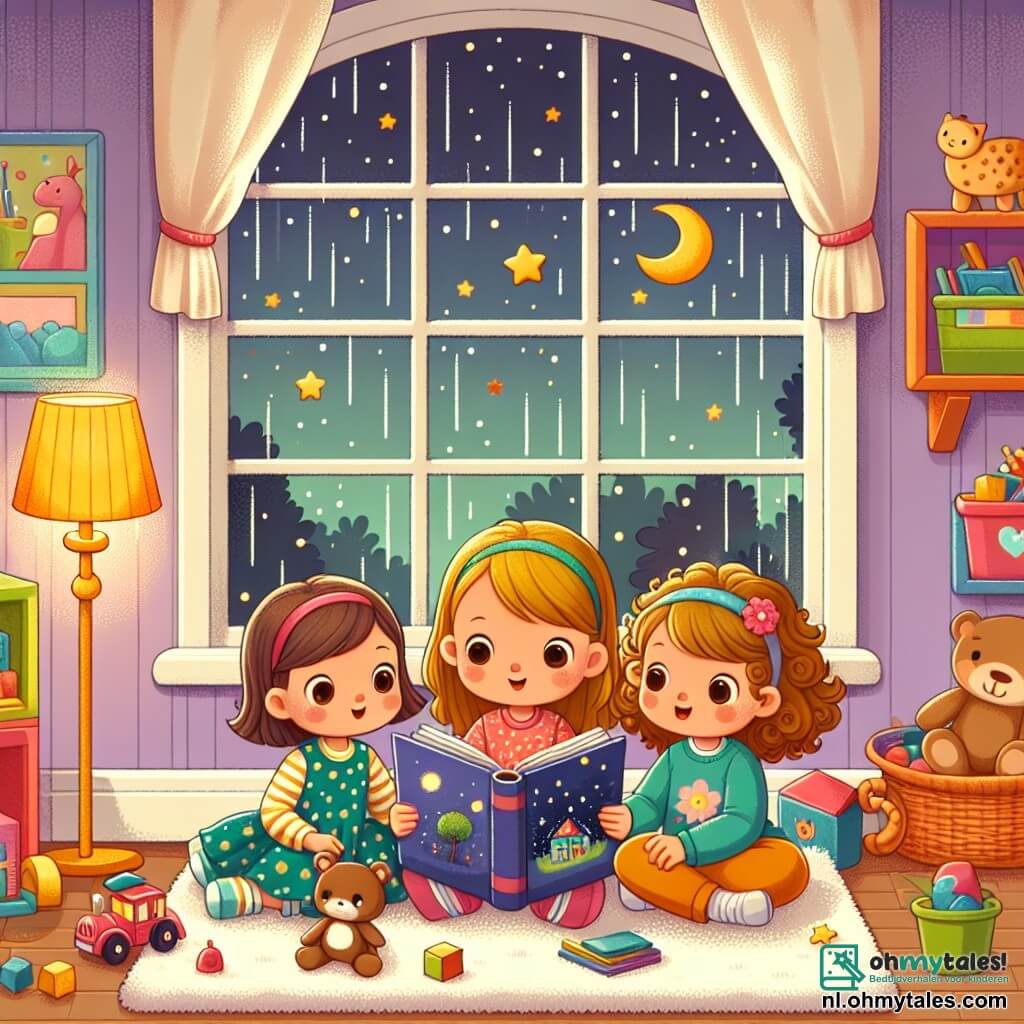 Illustratie van een gezellige speelkamer met muren in felle kleuren en speelgoed verspreid over de vloer. In het midden laat een groot raam het zachte licht van een lamp binnen, terwijl de regen zachtjes buiten valt en een cocooning sfeer creëert. Drie jonge meisjes zitten samen op een zacht tapijt. Het eerste meisje, 8 jaar oud, heeft bruin, steil haar, draagt een mooie bloemenjurk en houdt een open boek met illustraties van de nacht vast. Het tweede meisje, 7 jaar oud, heeft krullend blond haar en draagt een kleurrijk t-shirt, ze kijkt met grote ogen naar het boek, gefascineerd. Het derde meisje, 9 jaar oud, heeft kastanjebruin haar en draagt een comfortabele trui, ze glimlacht en wijst naar een ster die door het raam zichtbaar is. De scène toont de meisjes die samen een moment van verbondenheid delen, terwijl ze het verhaal ontdekken van een kleine beer die zijn angst voor het donker overwint. Door het raam zijn fonkelende sterren en een heldere maan zichtbaar, wat een magische touch aan de illustratie toevoegt. Dierenspeelgoed en kleurrijke kussens omringen de meisjes, wat een vrolijke en geruststellende sfeer creëert.