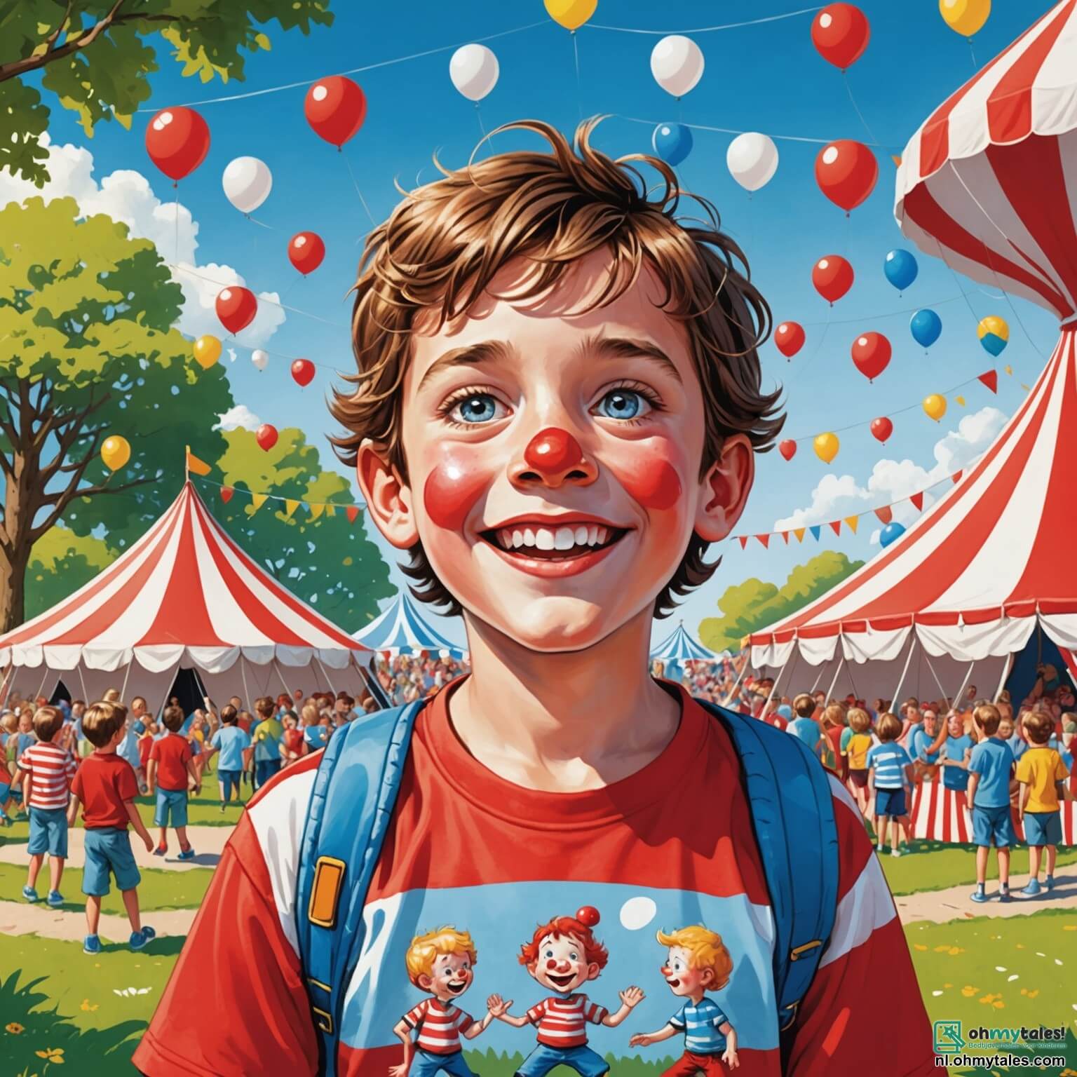 Une illustration destinée aux enfants représentant un garçon aux yeux pétillants de curiosité, débordant d'énergie et vêtu d'un T-shirt coloré, se tenant au milieu d'un parc vibrant de vie où de grandes tentes rayées de rouge et de blanc s'élèvent majestueusement sous un ciel azur, entouré de rires et de cris joyeux, tandis qu'il attend avec impatience l'arrivée des clowns aux nez rouges et des acrobates gracieux, tout en étant accompagné de sa mère, une femme souriante et encourageante, qui lui tient la main avec tendresse, créant ainsi une atmosphère magique et pleine de promesses d'aventures circassiennes.