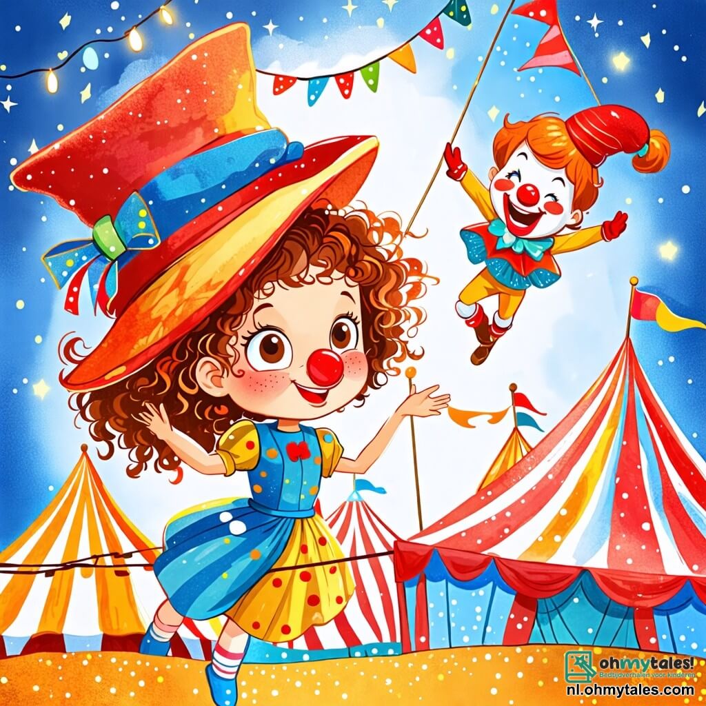 Une illustration sous forme de dessin destinée aux enfants représentant un cirque coloré avec des tentes rayées et des lumières scintillantes, où une fille de 10 ans aux cheveux bouclés et aux yeux pétillants, vêtue d'un costume brillant et d'un chapeau trop grand, s'entraîne à marcher sur une corde tendue, tandis qu'un clown joyeux avec un nez rouge et des cheveux multicolores applaudit et une trapeziste élégante en costume scintillant s'apprête à exécuter une pirouette aérienne, illustrant l'excitation et la magie du monde du cirque.