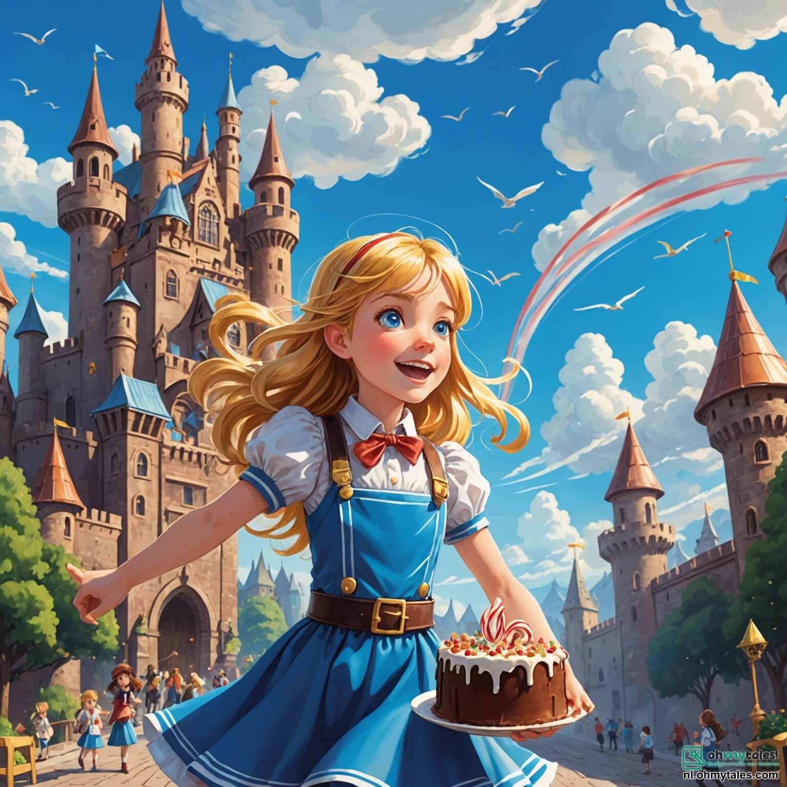 Une illustration destinée aux enfants représentant une fille intrépide aux cheveux dorés flottant comme des rayons de soleil, se tenant devant un immense château en chocolat aux tours en sucre d’orge, où elle se lance dans le défi impossible de créer la plus délicieuse des pâtisseries, entourée de son fidèle compagnon à quatre pattes, un chien espiègle à la fourrure tachetée, tandis que des nuages de crème chantilly dansent dans le ciel bleu azur au-dessus d’un jardin enchanté rempli de fleurs éclatantes et de papillons colorés.