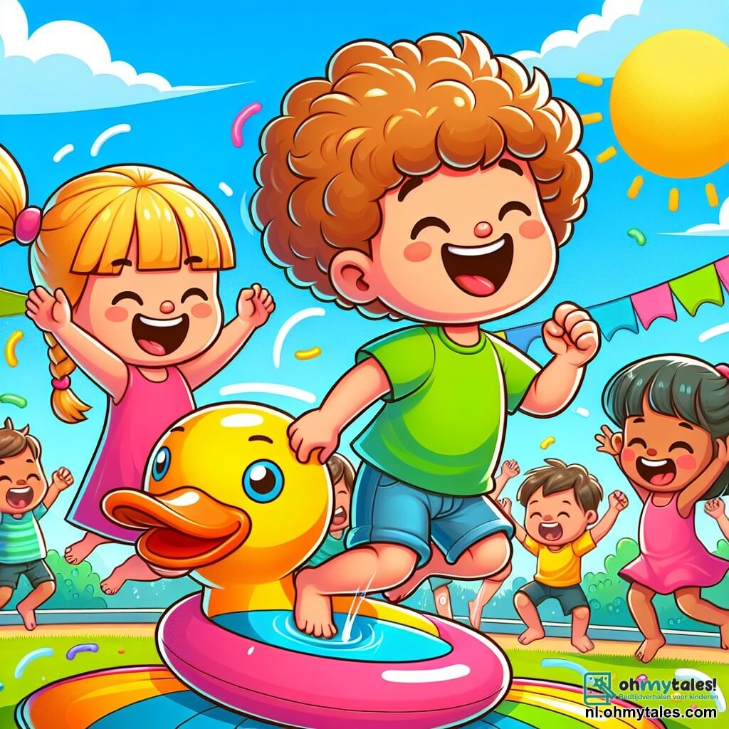 Une illustration sous forme de dessin destinée aux enfants représentant une joyeuse scène dans une colorée aire de jeux ensoleillée, où un garçon de 7 ans avec une grande bosse de cheveux bouclés et un T-shirt vert vif danse avec une énorme rubber duck sous un ciel bleu, tandis qu'une petite fille de 4 ans avec des couettes et une robe rose le rejoint en sautant de joie, tous deux entourés d'autres enfants riant et applaudissant, alors qu'ils participent à un défi amusant de danse avec des accessoires loufoques.