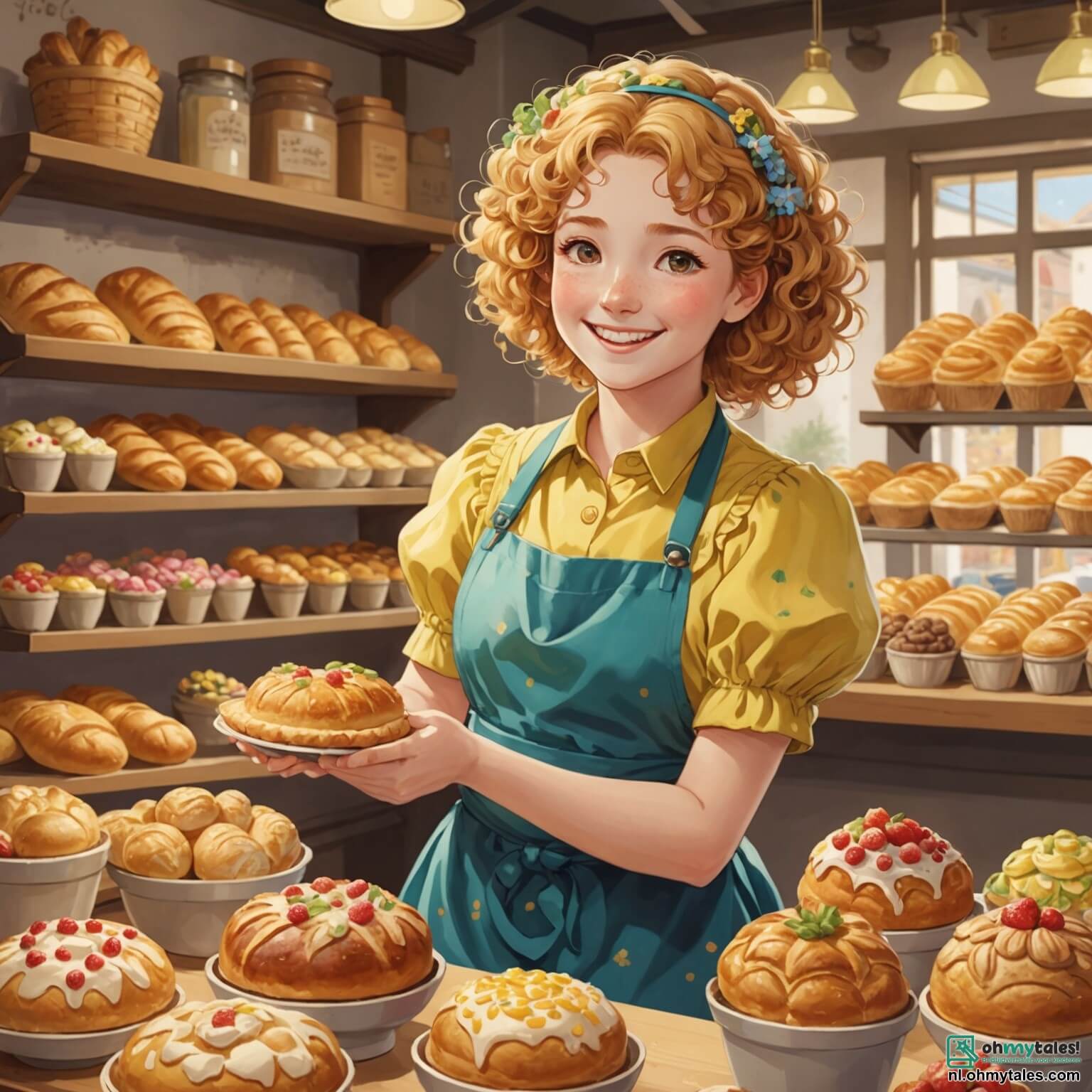 Une illustration destinée aux enfants représentant une femme aux cheveux dorés et bouclés, vêtue d'un tablier fleuri, souriante et pleine de vie, qui se tient derrière le comptoir de sa boulangerie chaleureuse et accueillante, où les murs sont peints en jaune pastel et décorés de pots de fleurs colorés, tandis que l'odeur enivrante du pain frais et des pâtisseries sucrées flotte dans l'air, entourée de deux enfants, une fille aux yeux pétillants et un garçon à la chevelure ébouriffée, tous deux impatients d'apprendre l'art de la boulangerie et de créer ensemble des délices qui émerveilleront leur petit village ensoleillé.
