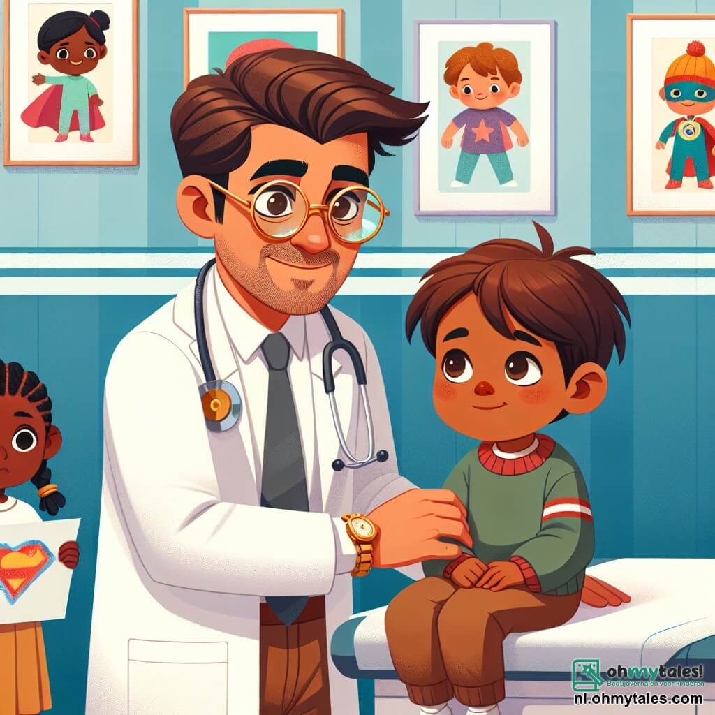 Une illustration sous forme de dessin destinée aux enfants représentant une salle de consultation chaleureuse et colorée d'un médecin, avec des murs ornés de dessins d'enfants, où un homme d'âge moyen, aux cheveux bruns et aux lunettes rondes, souriant et bienveillant, examine un jeune garçon aux cheveux blonds et aux joues roses, assis sur la table d'examen avec une expression à la fois curieuse et un peu nerveuse, tandis qu'une jeune fille aux cheveux tressés, tenant un dessin de super-héros, observe la scène avec des yeux brillants d'admiration, capturant l'instant où le médecin rassure le garçon sur un petit mal de ventre.