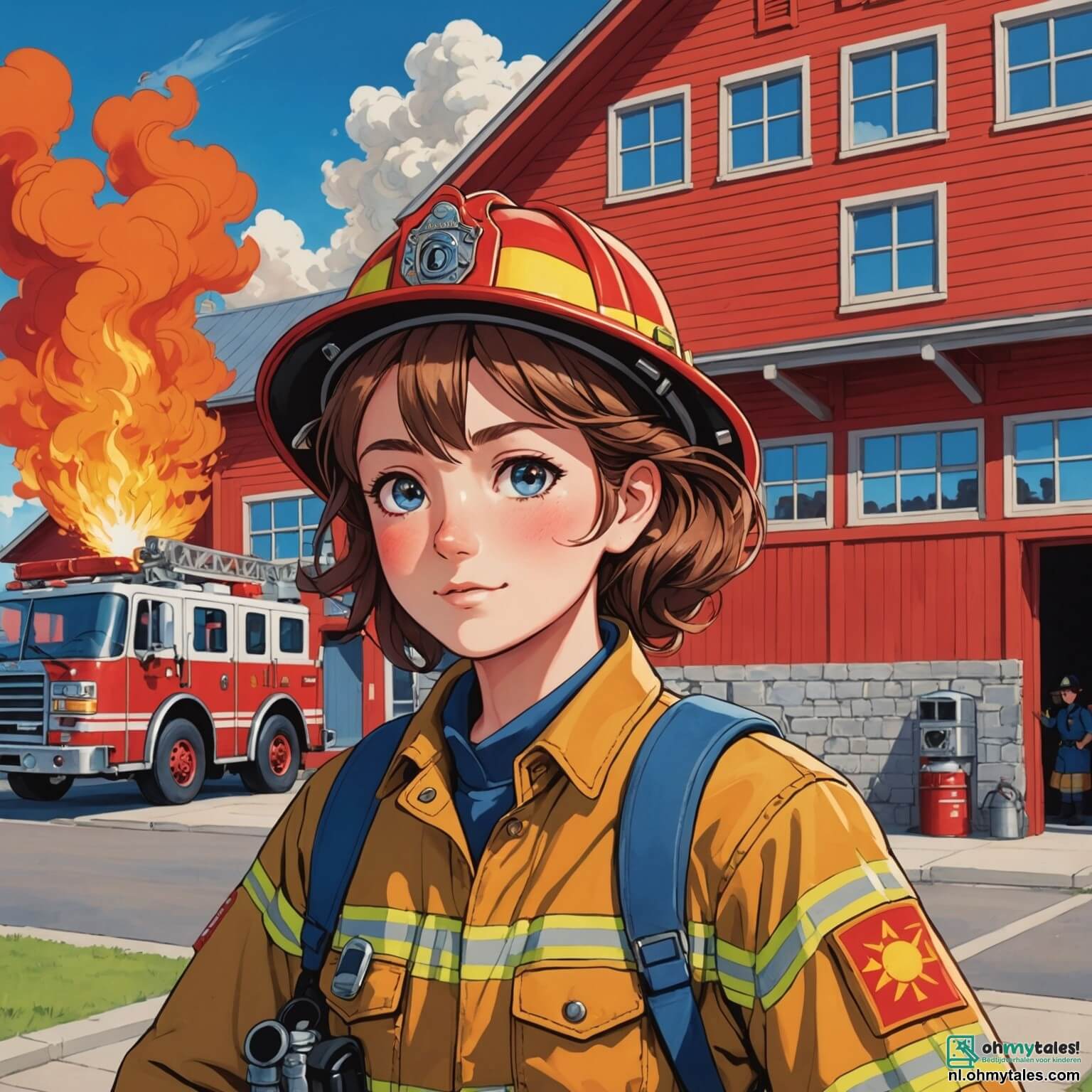 Une illustration destinée aux enfants représentant une courageuse femme pompière, aux cheveux brillants et à l’uniforme flamboyant, se tenant fièrement devant la grande caserne de pompiers aux murs rouges éclatants, ornée de grandes fenêtres qui reflètent le ciel bleu azur, tandis qu'elle se prépare à éteindre un incendie menaçant une vieille grange en bois, entourée de jeunes enfants, dont un garçon aux cheveux bouclés et une fille aux yeux pétillants, tous deux fascinés et admirant son héroïsme, dans un petit village où les oiseaux chantent et les fleurs colorées dansent au gré du vent.