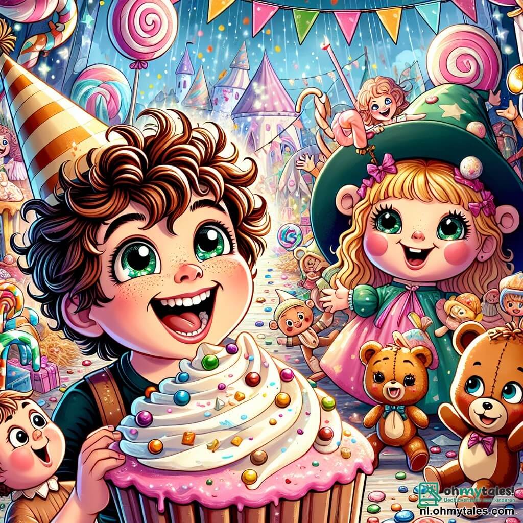 Une illustration sous forme de dessin destinée aux enfants représentant une scène colorée et enchantée dans la Vergeten Vallei, un garçon de 11 ans avec des cheveux bouclés et des yeux pétillants, en train de rire tout en tenant une énorme cupcake recouverte de crème, entouré de jouets animés, dont une poupée souriante aux cheveux en désordre et un ours en peluche espiègle qui dansent joyeusement autour de lui, capturant l'esprit humoristique et magique de leur aventure pleine de surprises et de douceurs.
